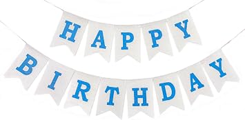 Blue Happy Birthday Banner, Assembled Burlap Happy Birthday Sign for Birthday Party Decorations