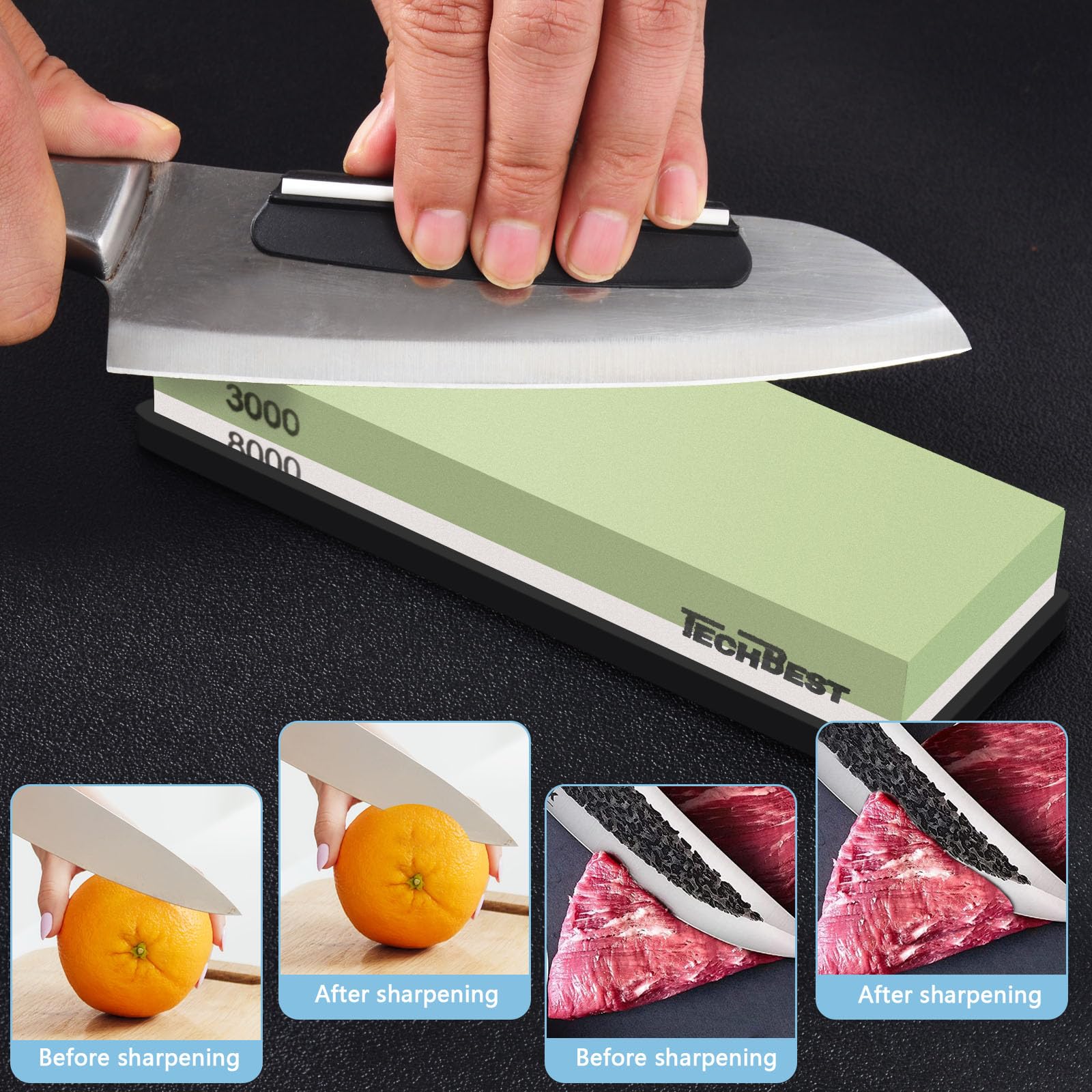 Pietre per affilare coltelli - Pietra Affilacoltelli Professionale con Doppia Granulometria 400/1000 e 3000/8000, Base Antiscivolo in Bambù, Pietra per Appiattire, Guida Angolare e di Pelle