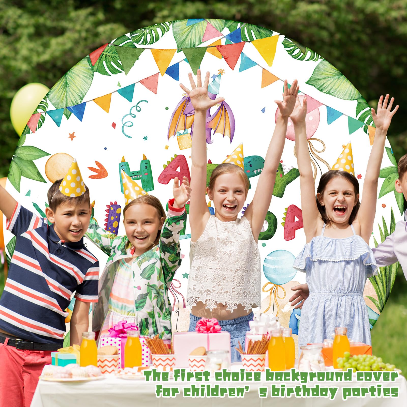 Shellwei 7.2 x 7.2 ft Round Backdrop Cover Spandex Circle Photo Photography Background Circle Backdrop Round Arch Cover Party Backdrop Stand Cover for Baby Shower Wedding Decorations (Dinosaur)