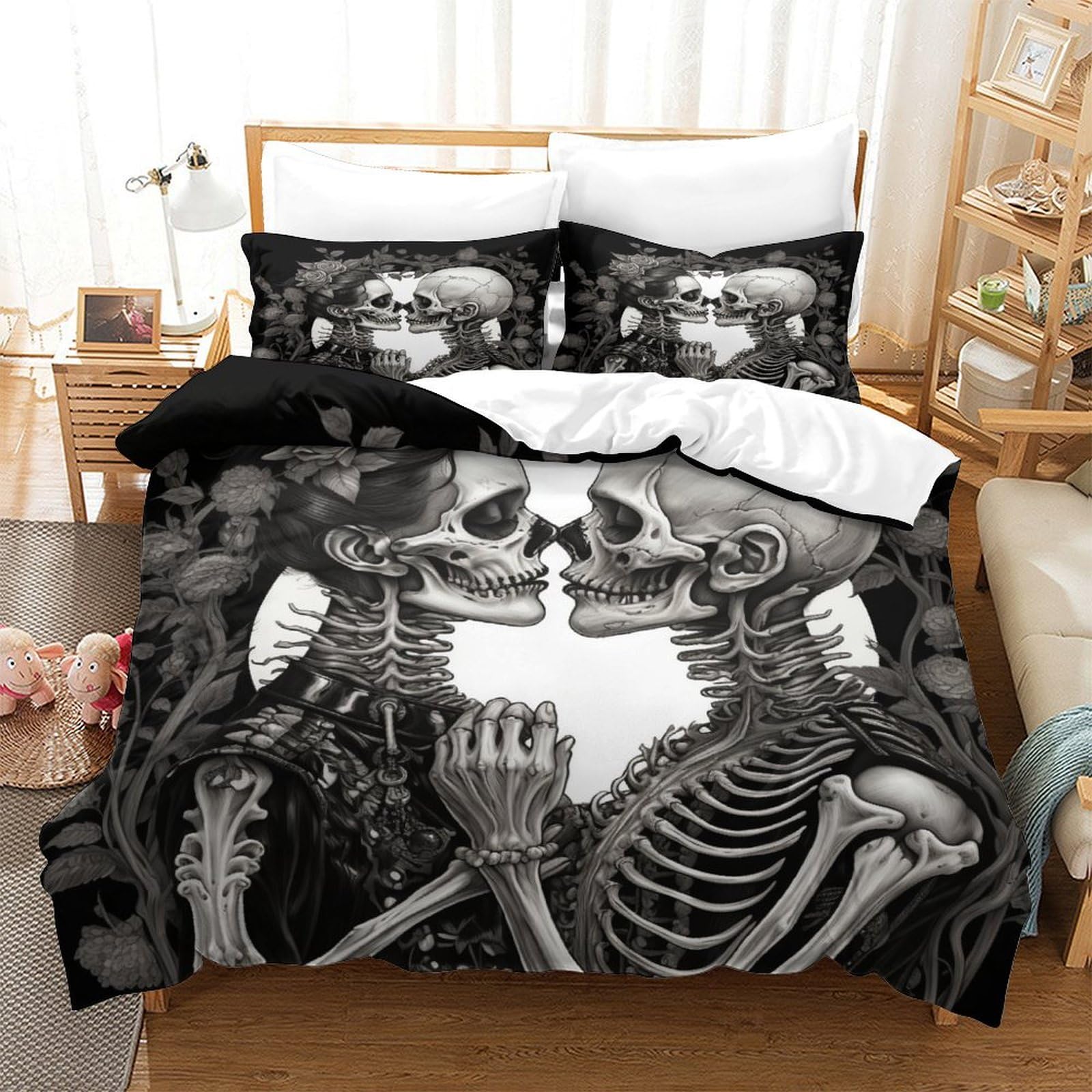 P1S9U7W5Y 3D Printed Gothic Skeleton Lovers Duvet Cover Set 3pcs Microfiber Dark Bedding Set King