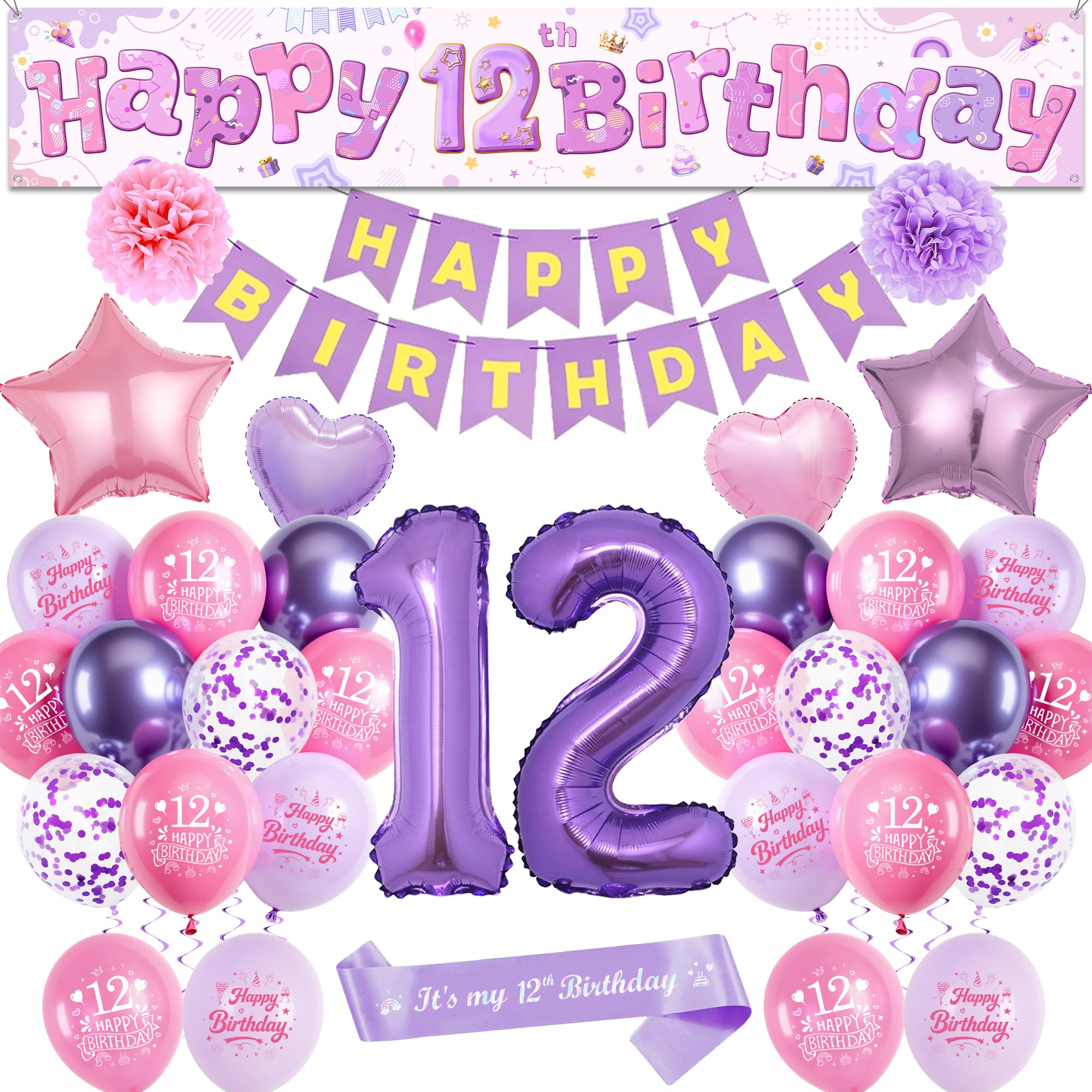 12th Birthday Decorations Balloons Girls - Pink Purple Large Happy 12th Birthday Yard Banner(25 X 150 Cm) Mit Sash, Stars Crowns Number 12 Foil Balloons and Paper Pompoms for 12 Year Olds Party