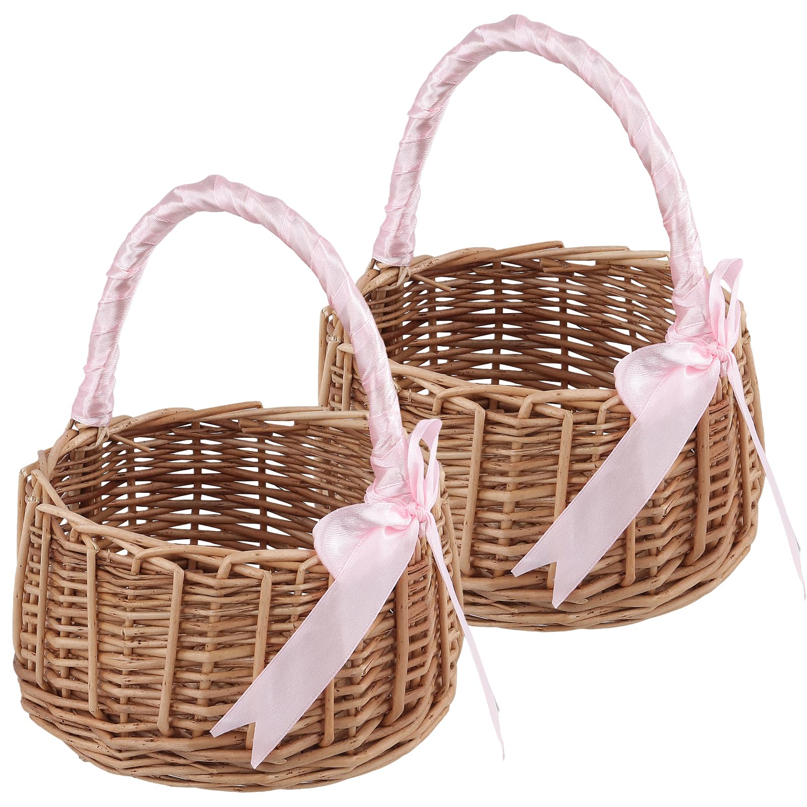 SINJEUN 2 Stück Blumenkorb Hochzeit mit Rosa Schleife, 19 x 15cm Handgeflochtener Blumenmädchen Korb, Klein Blumenkörbchen Blumenmädchen für Hochzeit und Deko