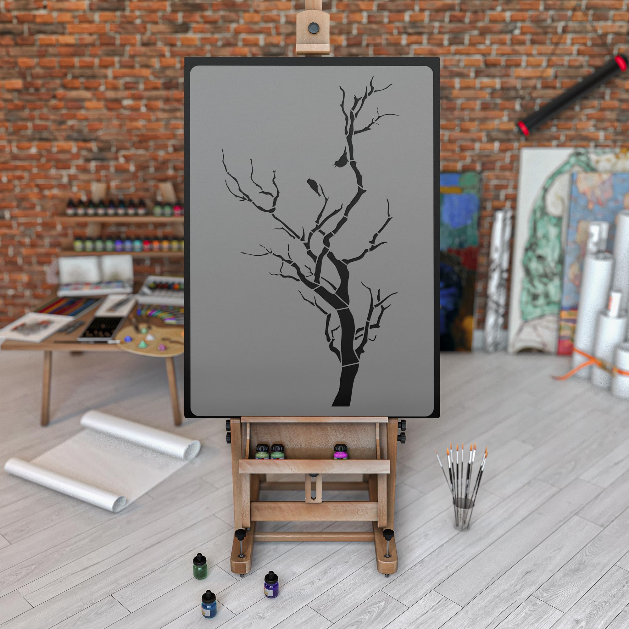 NAKLEO Pochoir de Fleurs pour Peinture Murale Grand Format 59x95cm, Modèle en Plastique et Réutilisable, Floral Arbre Bifurquer Oiseau, DIY Bricolage Artisanat Décoration a Peindre, Bois Tissu Mueble