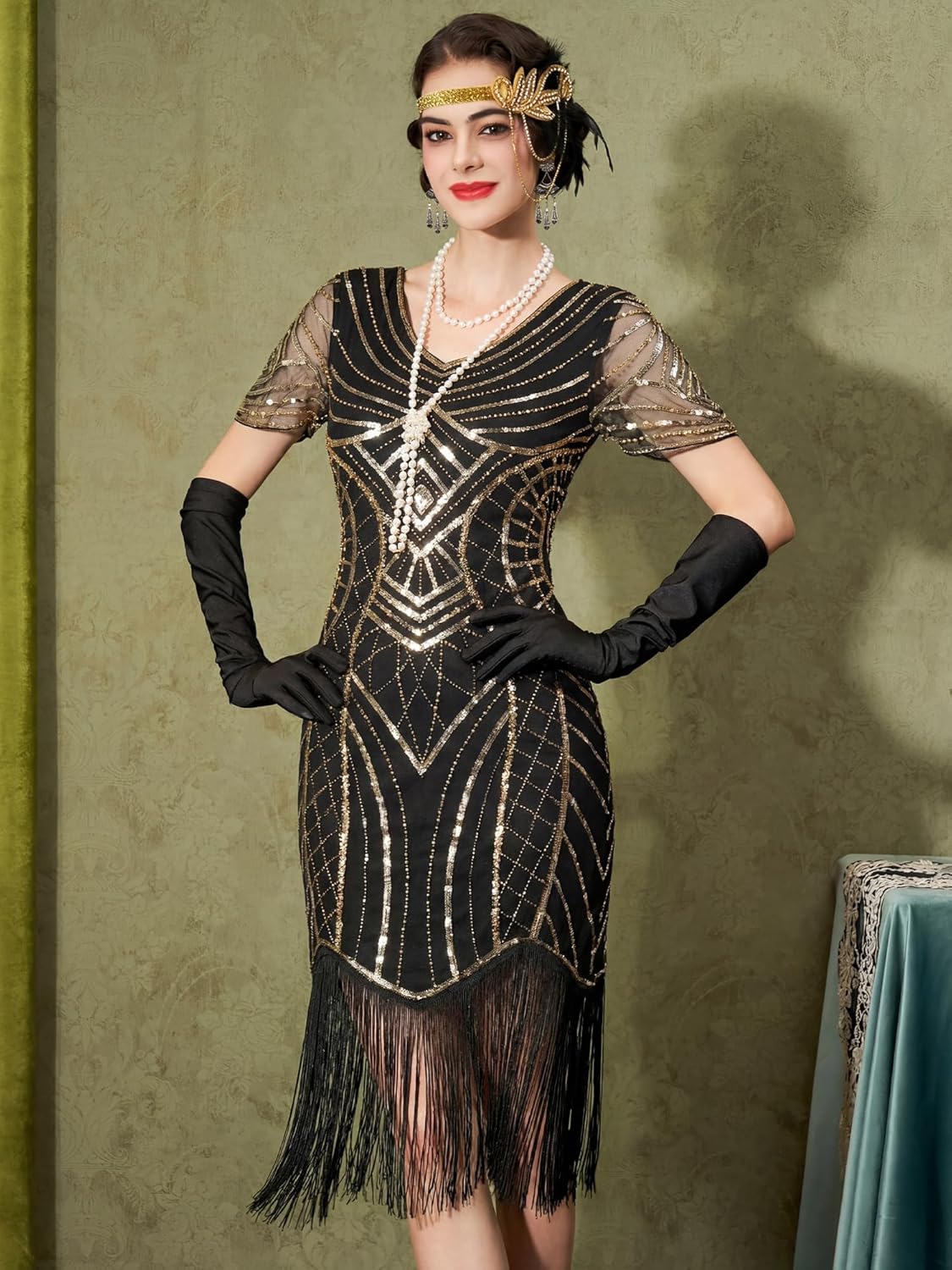YESSA 1920s Flapper Dresses for Women,Beaded Fringe Great Gatsby Dresses for Women Roaring 20s Costume Harlem Nights Outfits