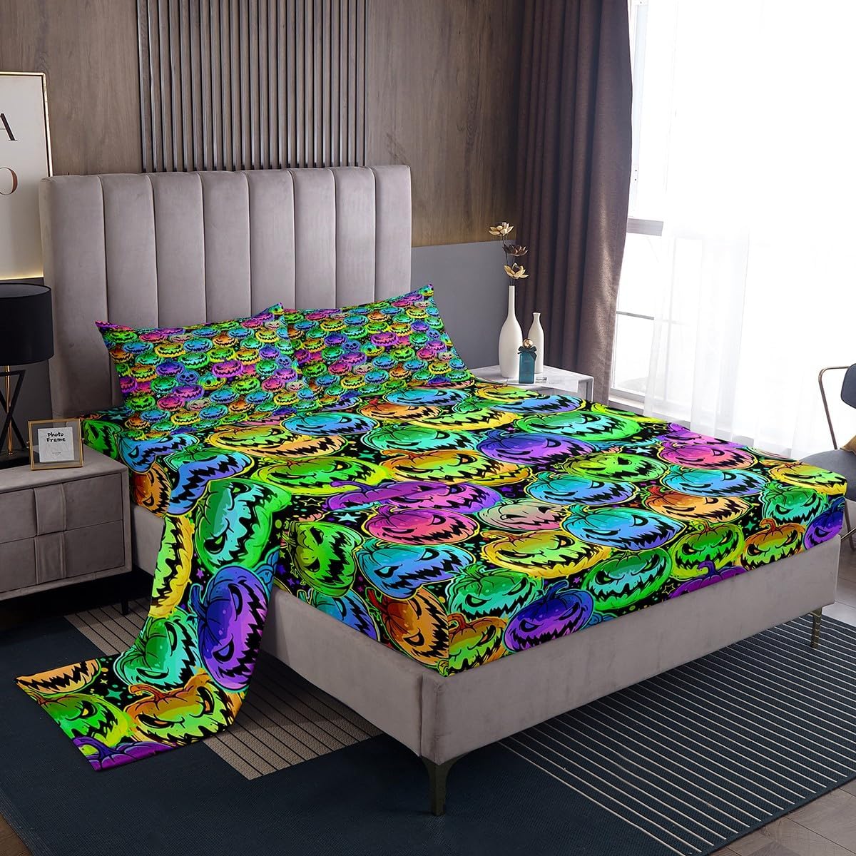 jejeloiu Pumpkin Lantern Sheet Set Queen Size Kids Halloween Sheets with Deep Pocket Fitted Sheet for Boys Girls Teens Pumpkin Theme Bed Sheets Set Breathable Trippy Bedding Set Room Decor Colorful