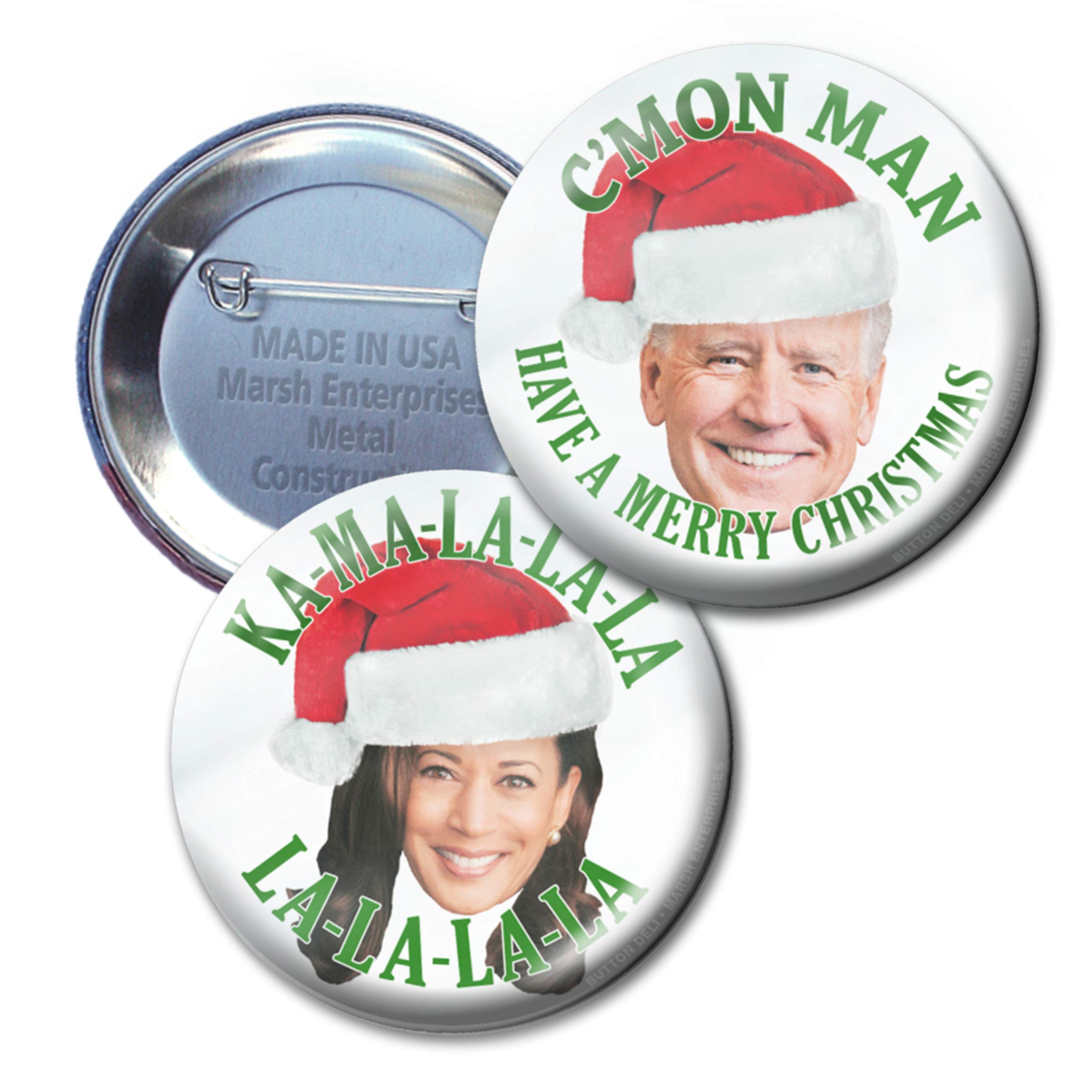 Biden Harris 2-Pack Buttons - Funny Santa Hat Joe and Kamala Photos with Merry Christmas Greetings - 8763