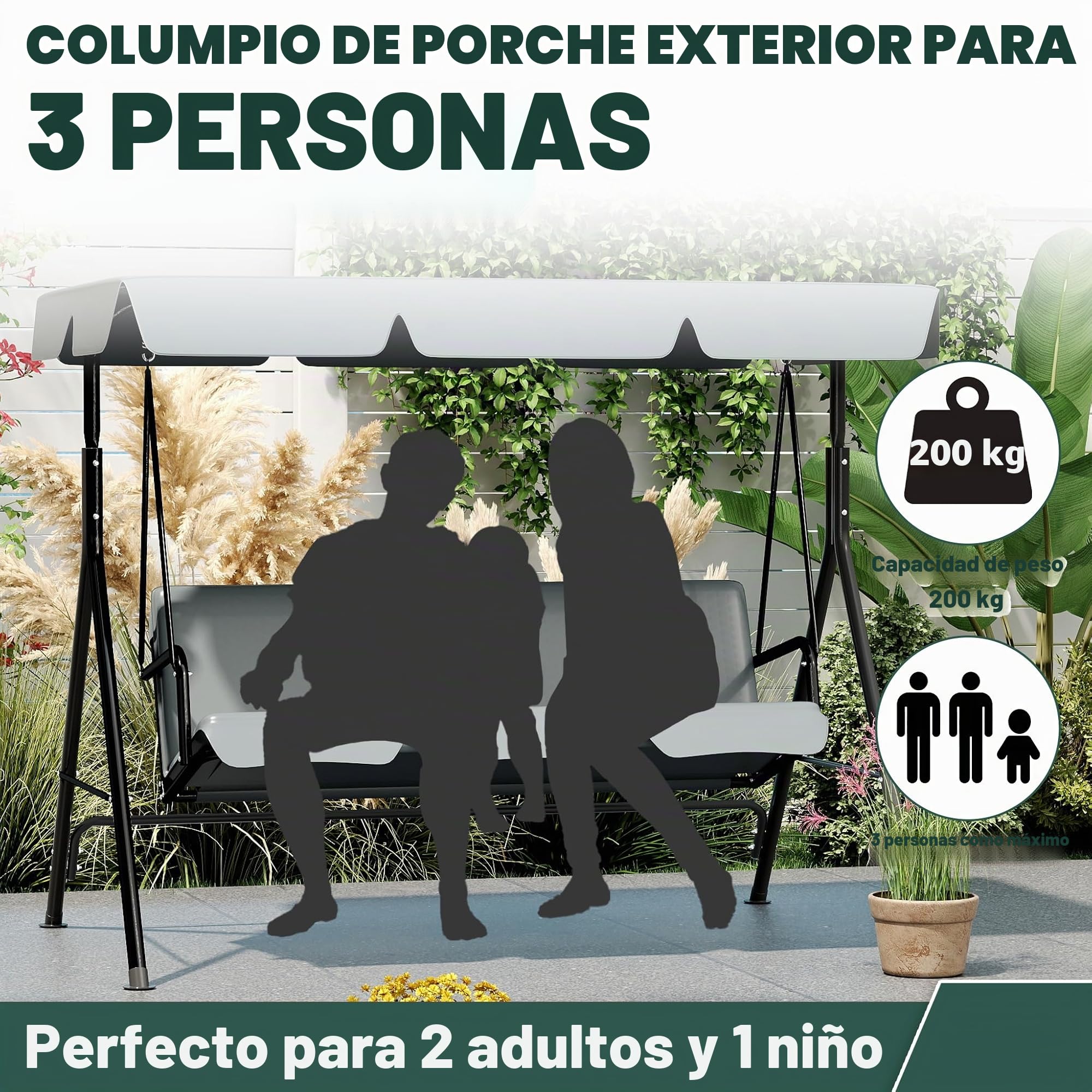 176x110x152cm columpio Hollywood de jardín con toldo y cojín de asiento y marco de acero, banco balancín de jardín de 3 plazas, capacidad de carga hasta 200KG, banco balancín tumbona de jardín