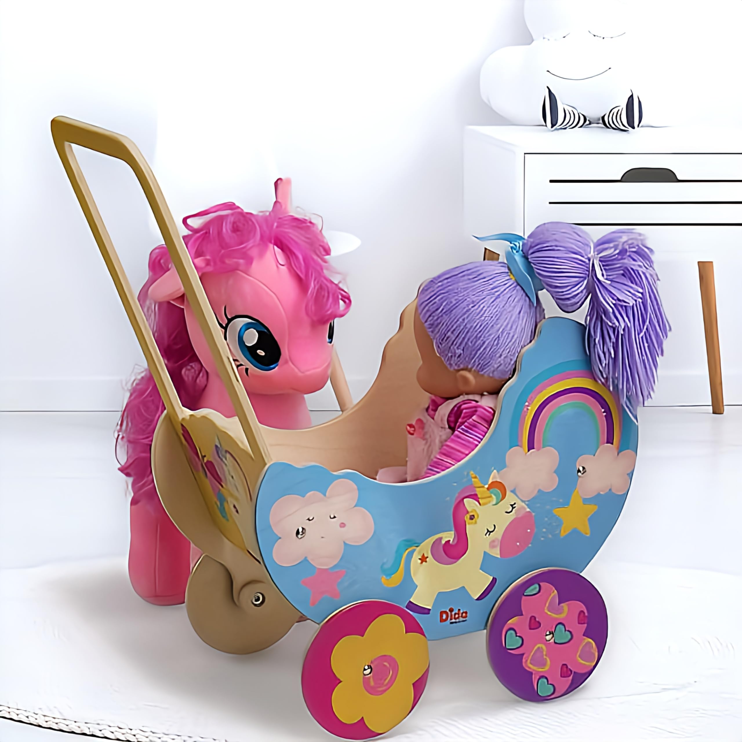 Dida - Puppenwagen Einhorn, Aus Holz Gefertigt, Wagen für Puppen bis 35 cm, Ideal für Rollenspiele, Perfekt für Kinder von 2, 3, 4 Jahren, Kreatives und Pädagogisches Spielzeug