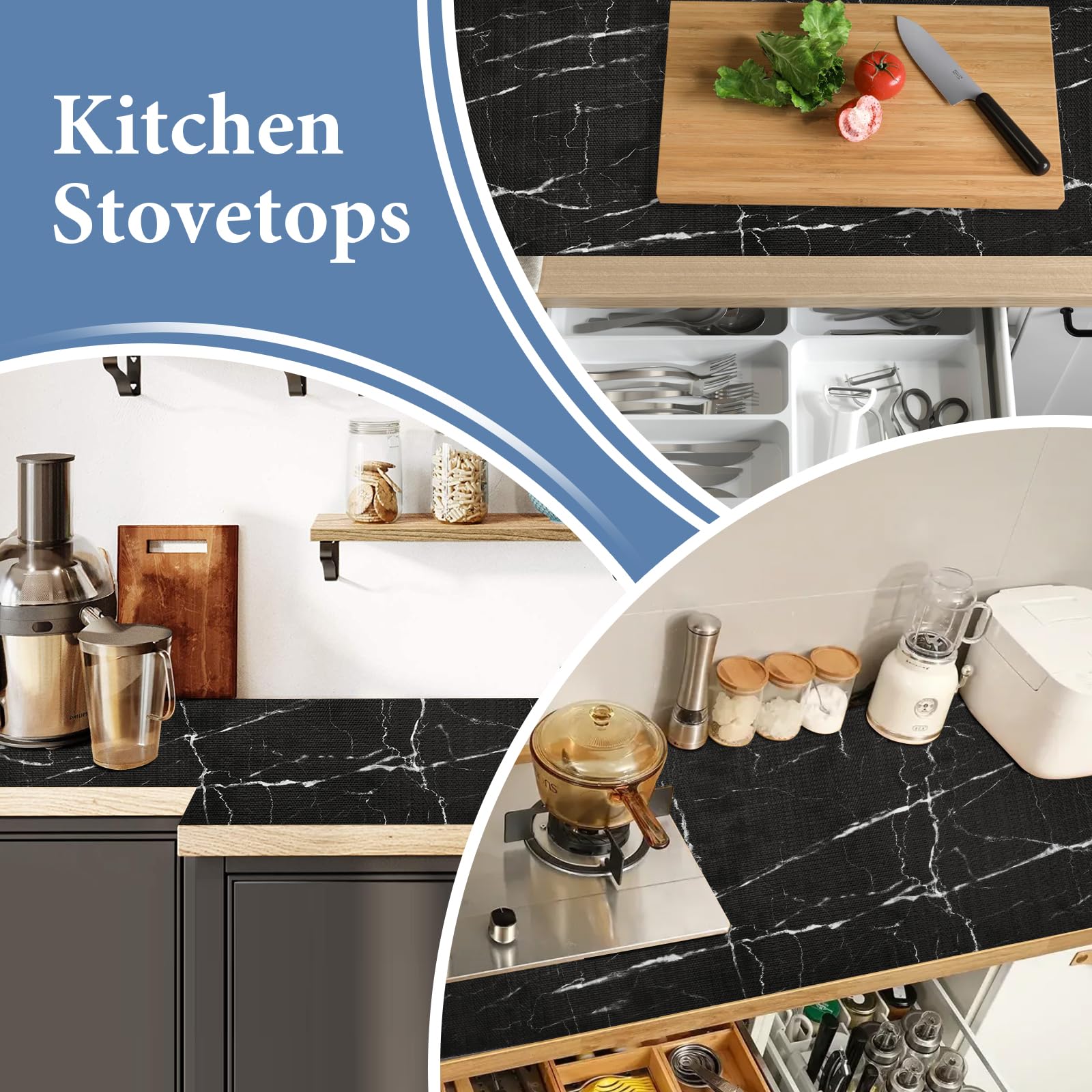 Forro para cajones y estantes para armario de cocina: 12 pulgadas x 20 pies, antideslizante, impermeable, papel no adhesivo, forro de mármol negro, fácil de revestir para baño, con cinta métrica de