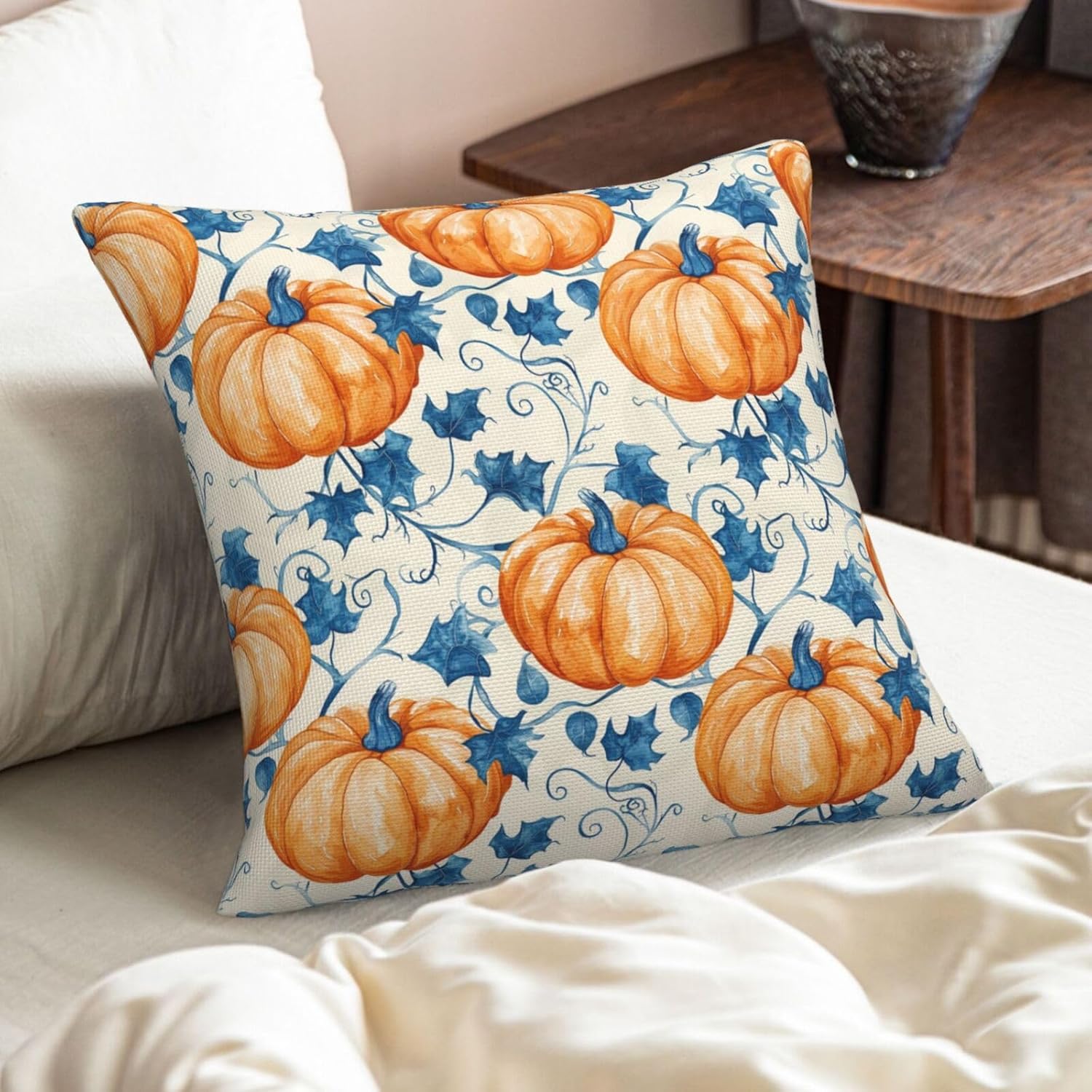 KiuLoam Fall Orange Pumpkin Blue Leaf Pillow Covers 22x22 Inch Set of 2 Autumn Themed Decorative Throw Pillows Outdoor Thanksgiving Farmhouse Decor Cushion Covers for Sofa Bed Couch Living Room