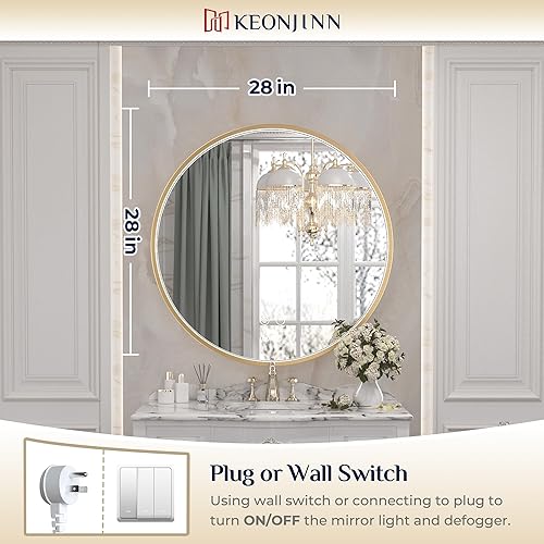 Miniatura 8 de Keonjinn Espejo de baño LED redondo dorado de 28 luces de 3000 K4500 K6000 K con marco de metal frontal antivaho redondo espejo de tocador montado