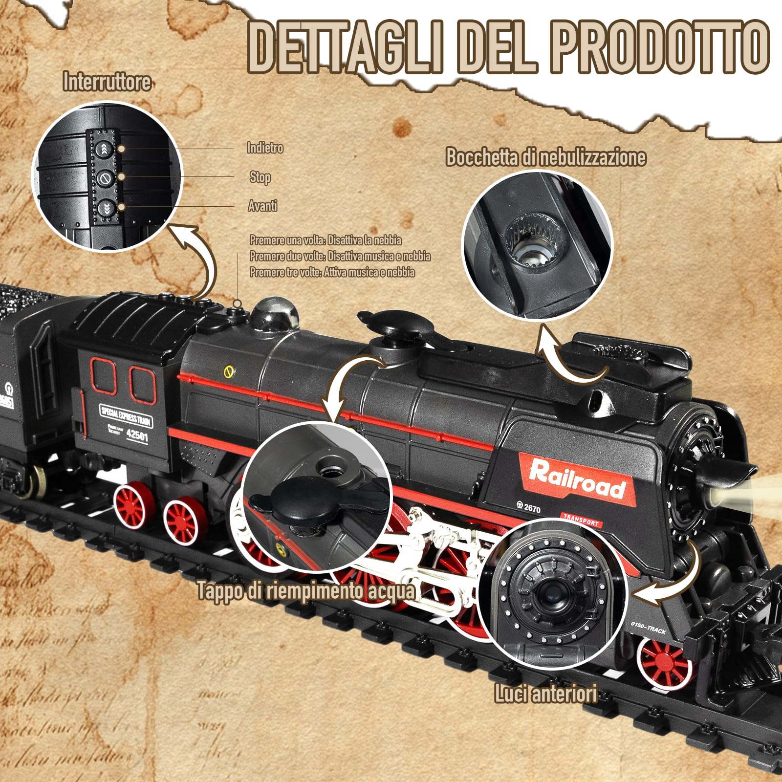 Trenino Elettrico per Bambini, Locomotiva, Locomotiva a Vapore Elettrica con Fumo Luminoso e Suono, Regali di Natale e Compleanno per Bambini
