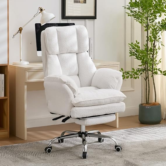Cloud Cross Legged Office Chair with Footrest,Teddy Fleece Big and Tall Executive Ergonomic Chair, Flip Armrests for Pets,155 Reclining Computer Wide Desk Chair for Home,Office (White)