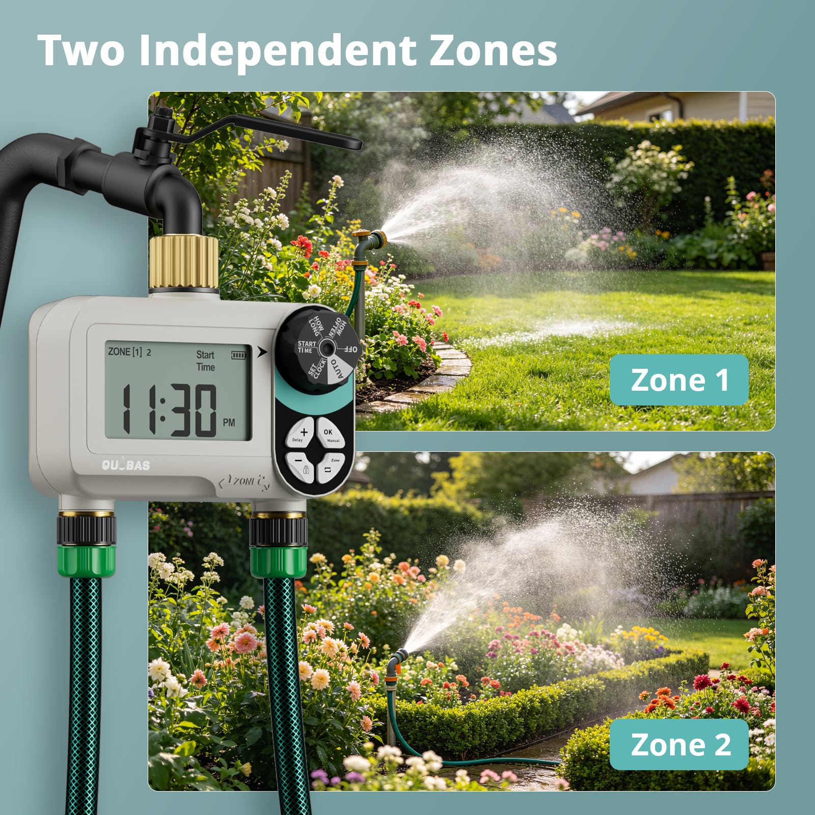 QUOBAS Timer per irrigazione a pressione zero con blocco bambini, timer programmabile per tubo da giardino con porte in ottone, sistema di irrigazione manuale o automatico, 2 zone di irrigazione per