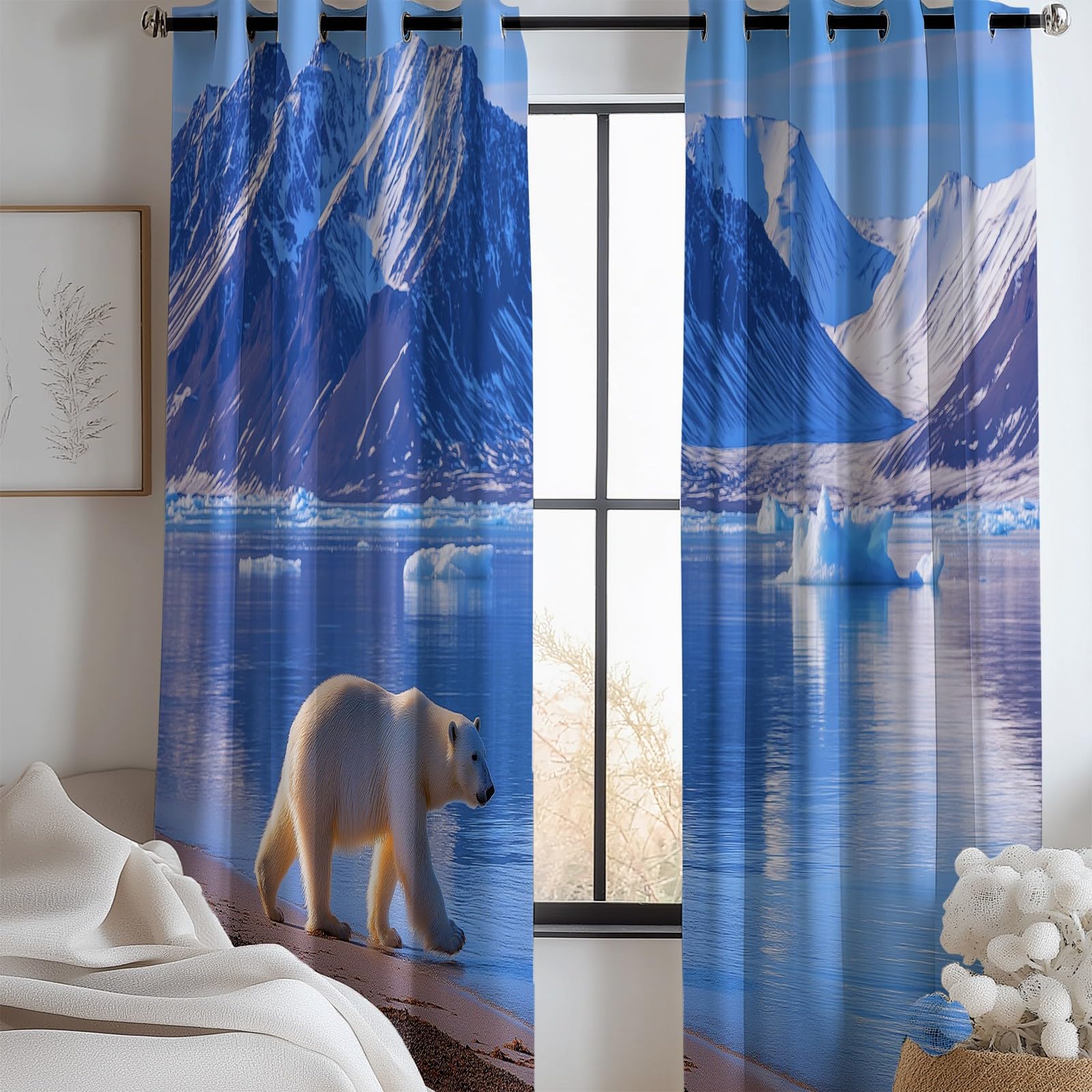 Verdunklungsvorhänge Eisbär EIS Kinderzimmer Vorhänge Blickdicht, Blau Thermovorhang mit Ösen, für Schlafzimmer Fenster & Balkon Schnee Natur Bilder - 110 x 215 cm (2er Set)