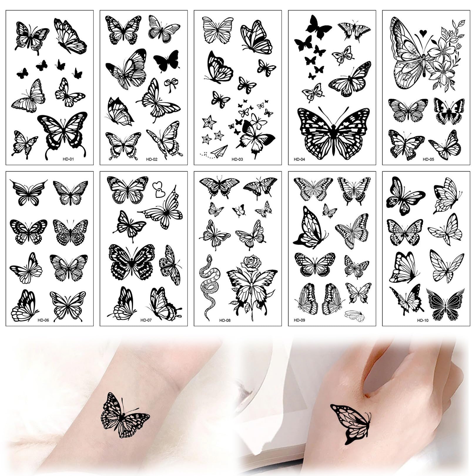 Tattoos Erwachsene LEADTEAM Fake Tattoos Frauen, 10 Blätter 3D Schmetterling  T Temporäre Tattoos, image size:1620x1620