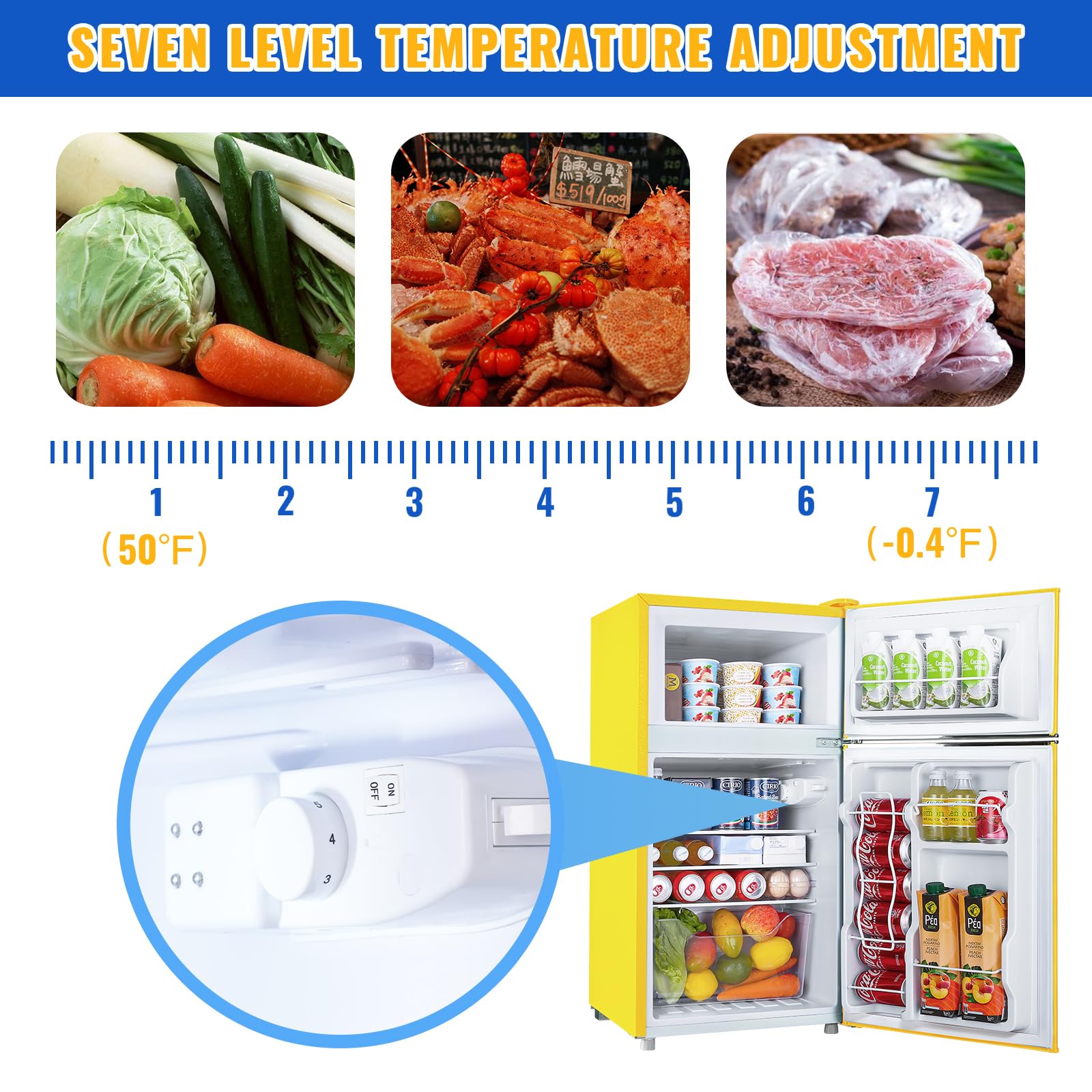 WANAI 3.5 Cu.Ft Retro Refrigerator 2 Door Mini Fridge With Freezer And 2 Handles 7 Level Adjustable Thermostat Control Top-Freezer Refrigerator For Home Dorm Apartment Yellow on Fridge.com - View 3