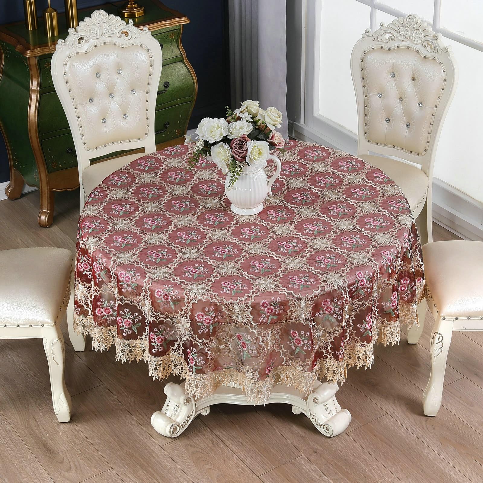 Okrągły obrus burgundowy, kwiaty liście obrusy poliester 90 cm