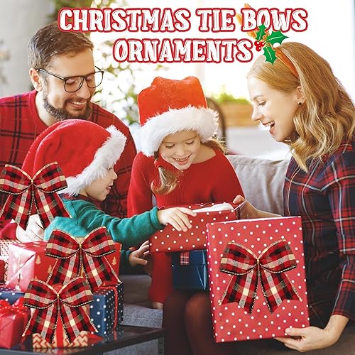 Miniatura 5 de Jetec 12 lazos de Navidad a cuadros decorativos de 6 pulgadas, lazos a cuadros de Navidad, corbatas, coronas y adornos para guirnalda de árbol de