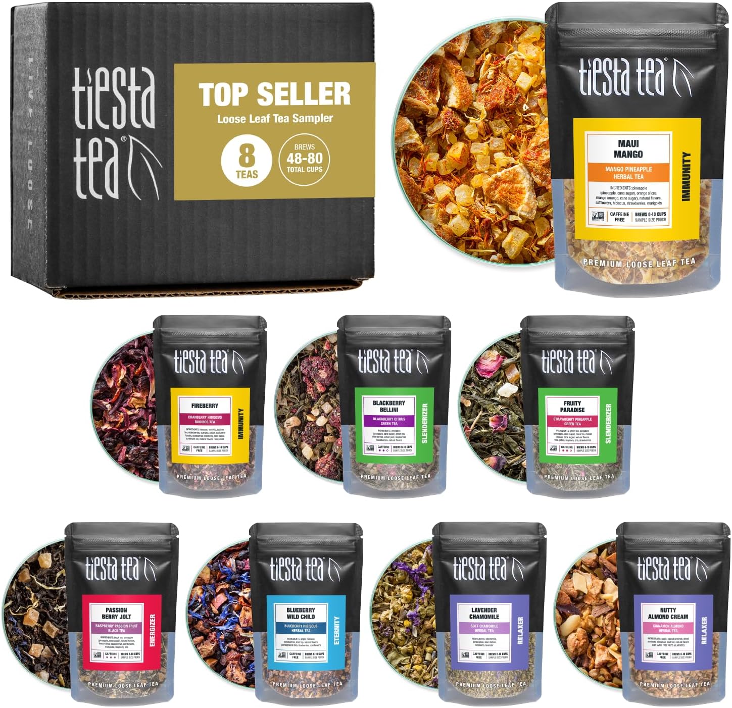Tiesta Tea - Top 8 Favorites Sampler Set, Loose Leaf, Up to 80 Cups, High to No Caffeine, Hot & Iced, Tea Variety Pack with Green, Herbal, & Black, 8 Sample Pouches