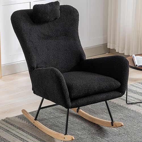 Fulvari Mecedora para guardería, silla tapizada para guardería con respaldo alto y bolsillo, sillón con acento oscilante para sala de estar,