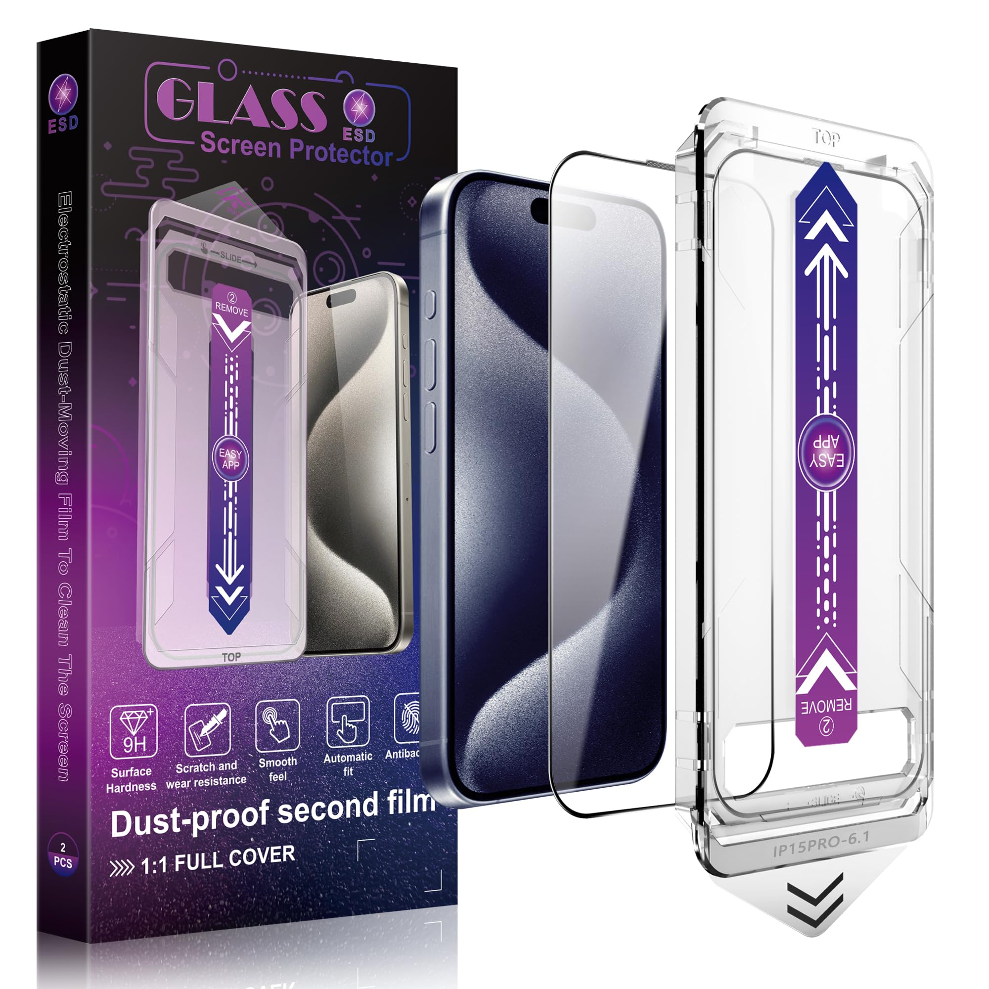 2 Pack Screen Protector Tempered Glass for iPhone 15 Pro 6.1-Inch Auto Dust Removal