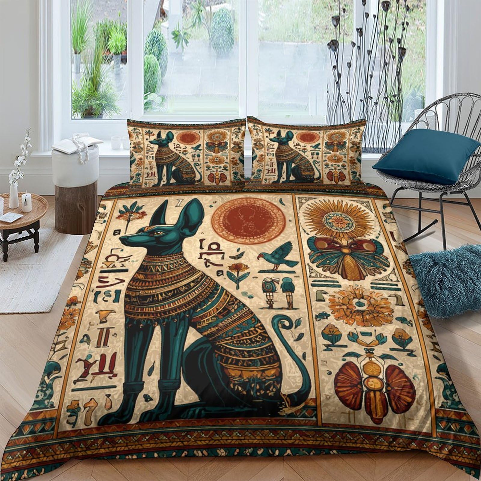 Ctjqhvkz Style-8 3D Printed Egyptian Cat Fitted Sheet Microfiber Soft Decor Ancient Symbols Bed Sheet Bedroom Dorm Mattress Cover Single（135X200cm）