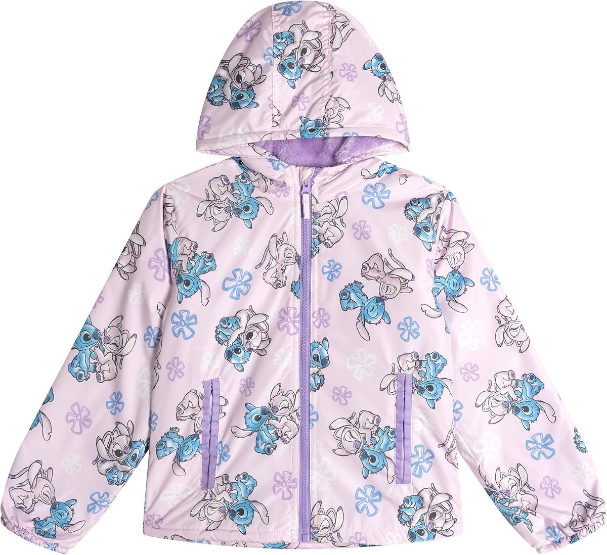 Chaqueta impermeable con cremallera y capucha para niña Lilo & Stitch de Disney, de niño pequeño a niño grande | Cierre de cremallera, forro cálido, bolsillos delanteros, puños elásticos