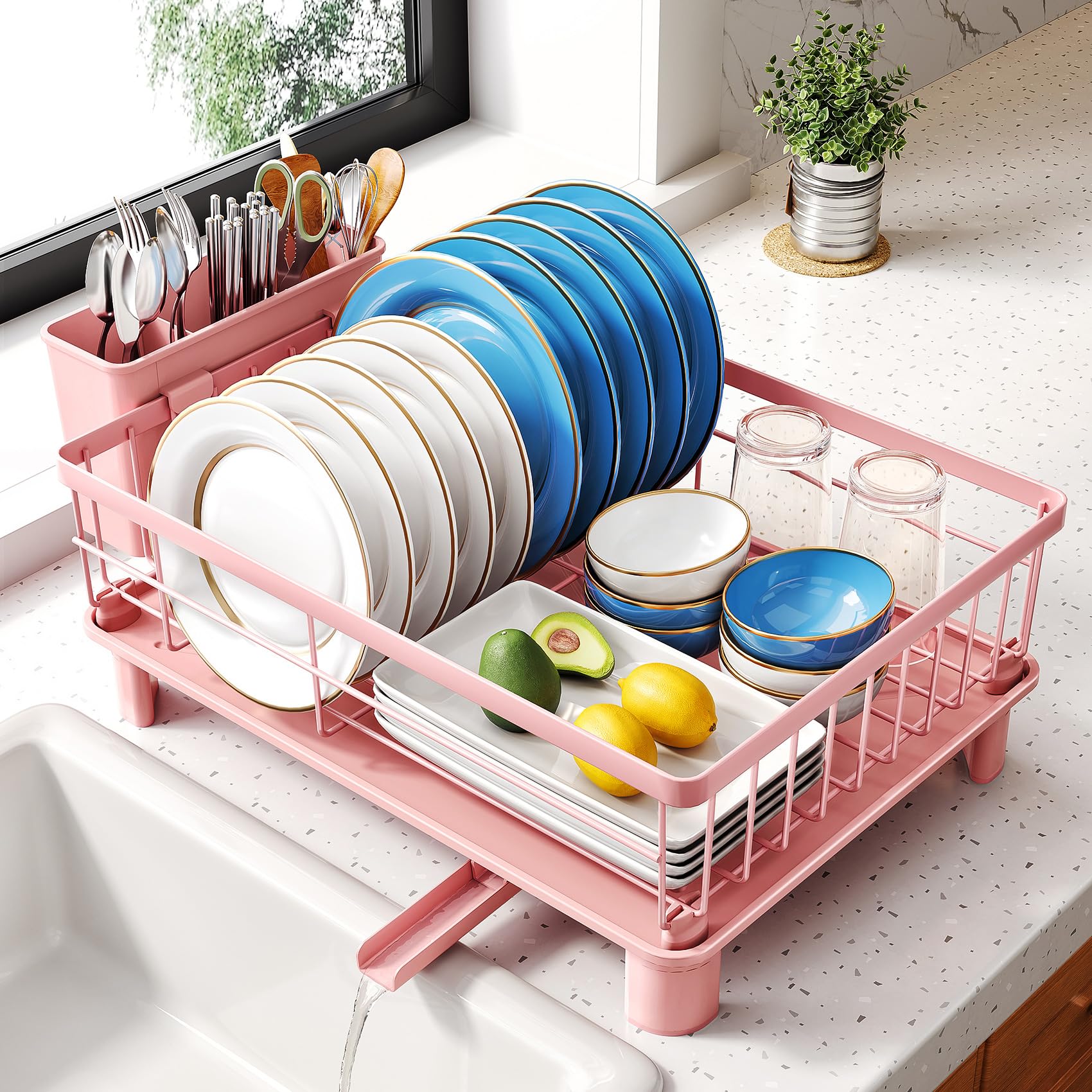 SNTD Dish Drying Rack - Small Dish Rack for Kitchen Counter, Stainless Steel Dish Drainer with Utensil Holder and Drainboard, 11" W x 15" L (Pink)