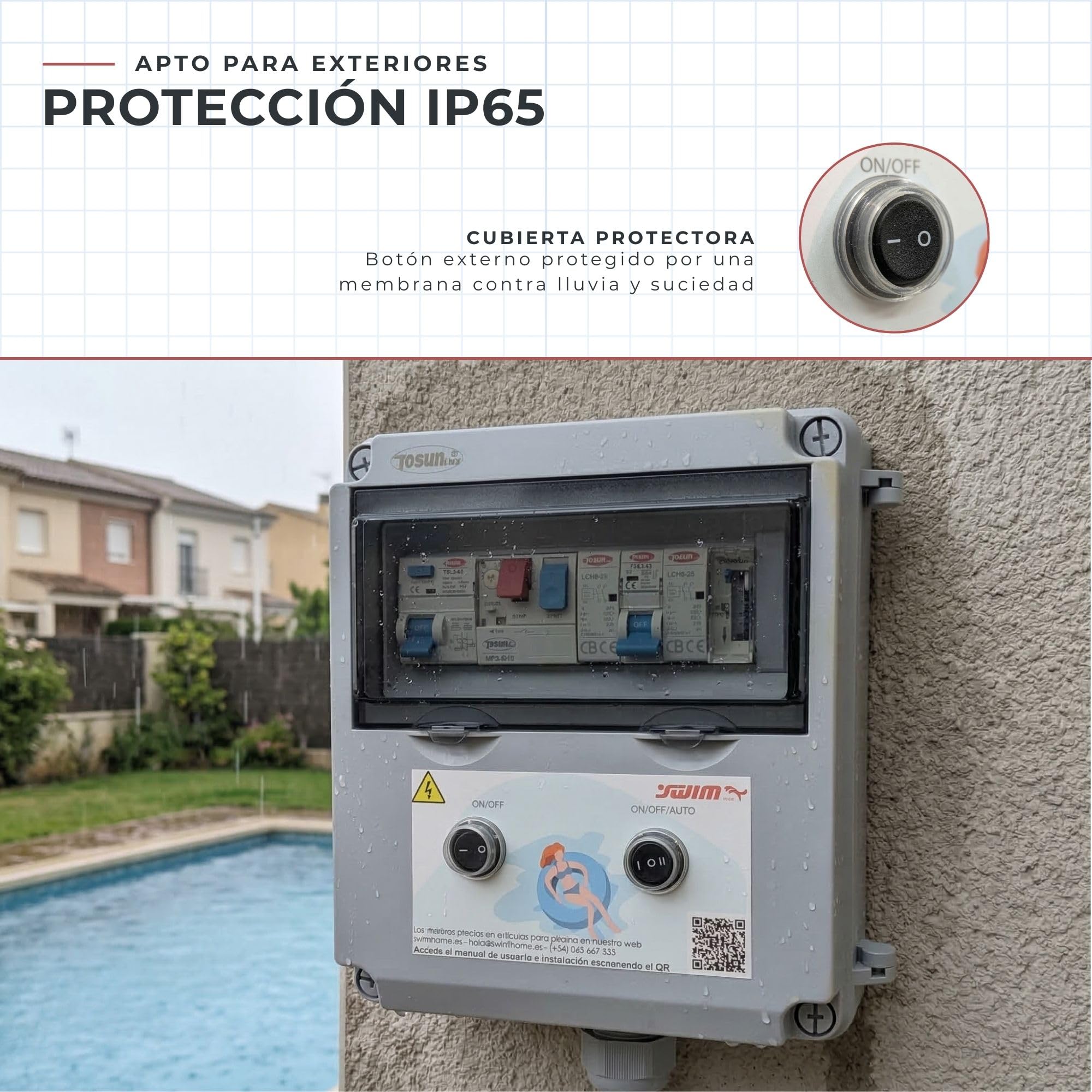 SWIMHOME Cuadro Eléctrico Piscina WiFi 60W 12V DC Contactor Clorador y Guardamotor 2CV 6-10A ABS Gris