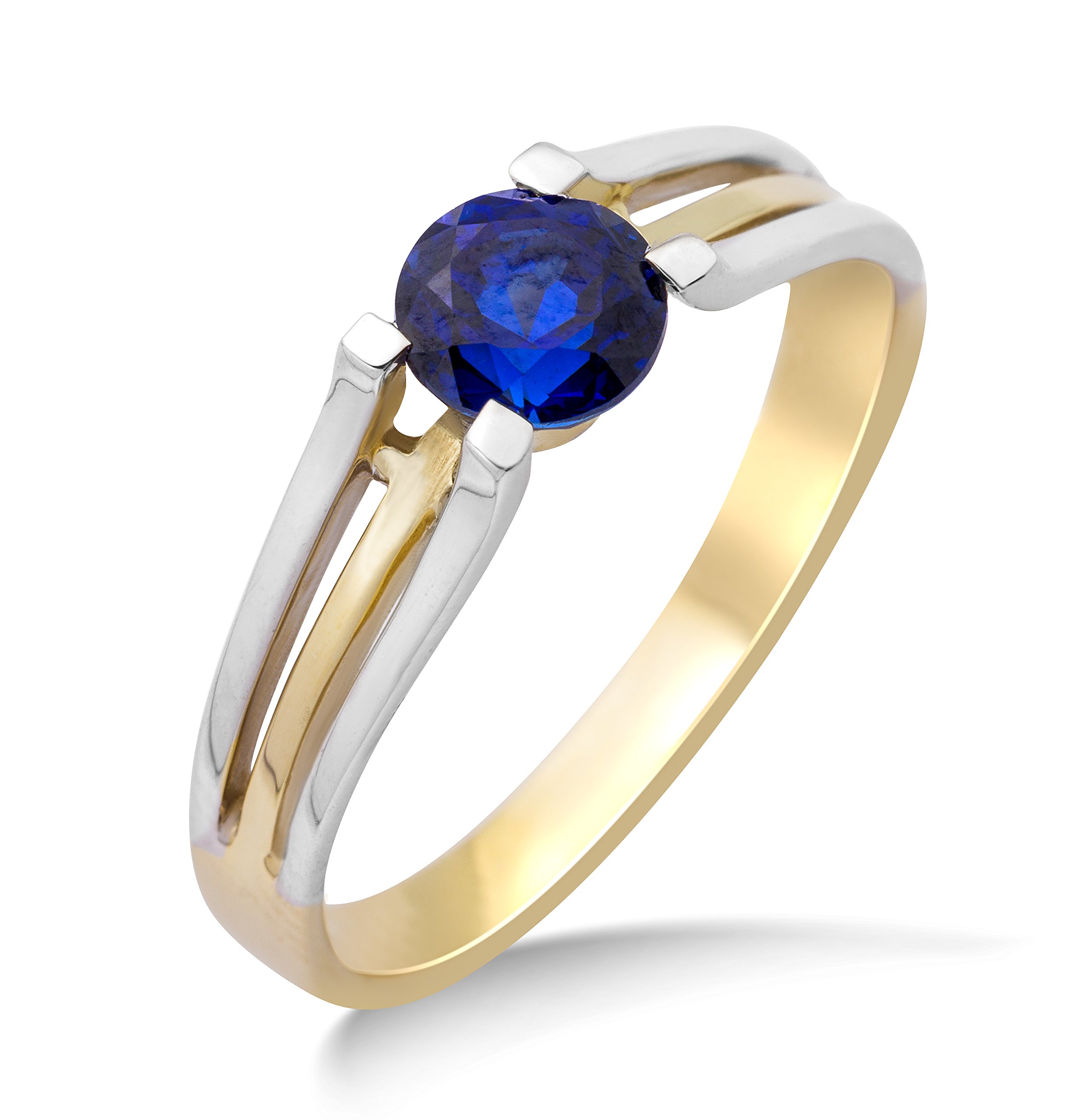 MIORE Anillo solitario mujer, oro blanco real, oro amarillo 9KT 375 con zafiro azul central, anillo de compromiso clásico con piedra brillante de color. Anillo hipoalergénico.