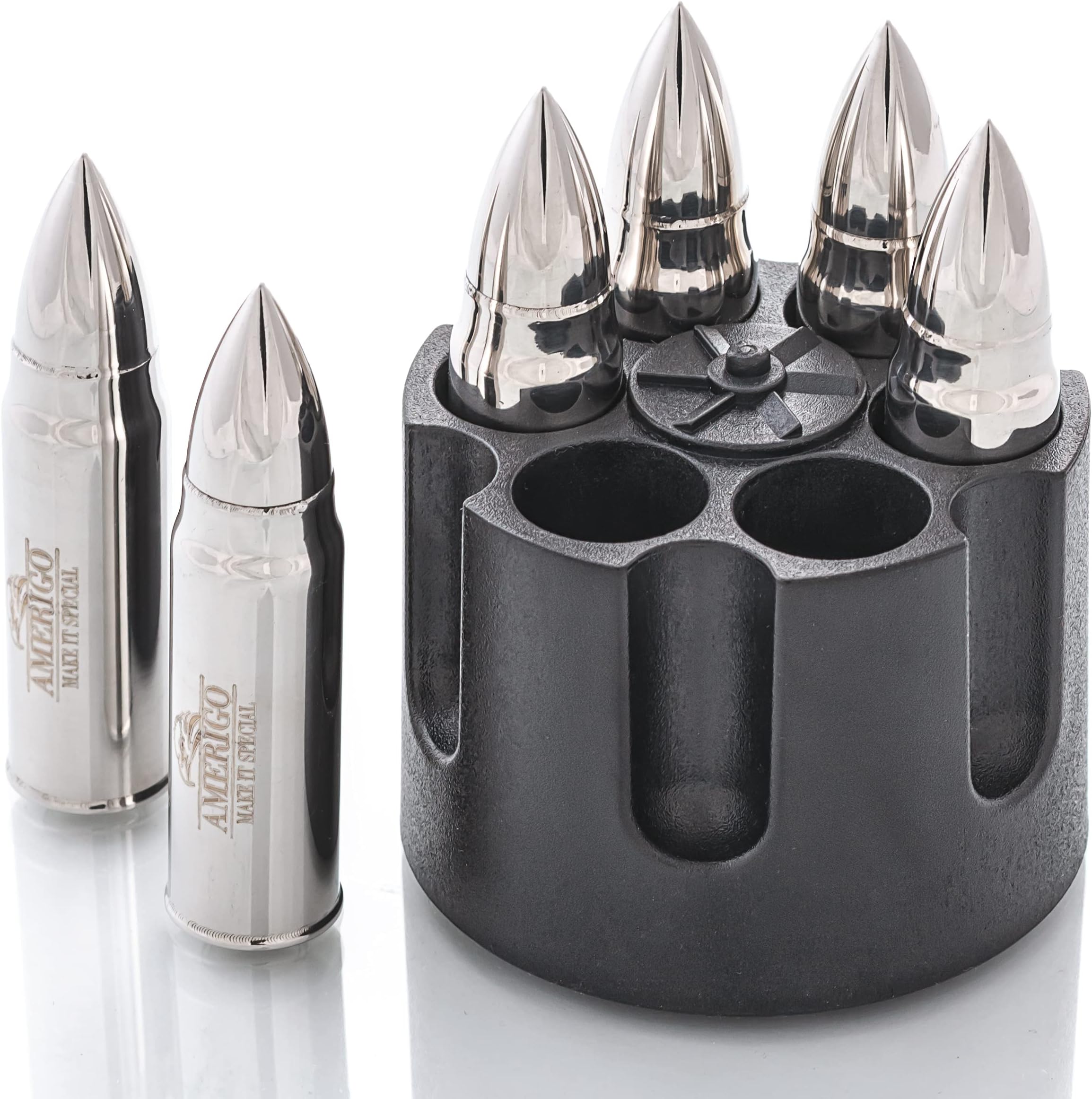 Whiskey Stones Bullets with Base - Silver XL Whiskey Ice Cubes Reusable for Men - Set of 6 Whiskey Bullets Stainless Steel in Revolver Base - Chilling Whiskey Rocks Gift Set by Amerigo