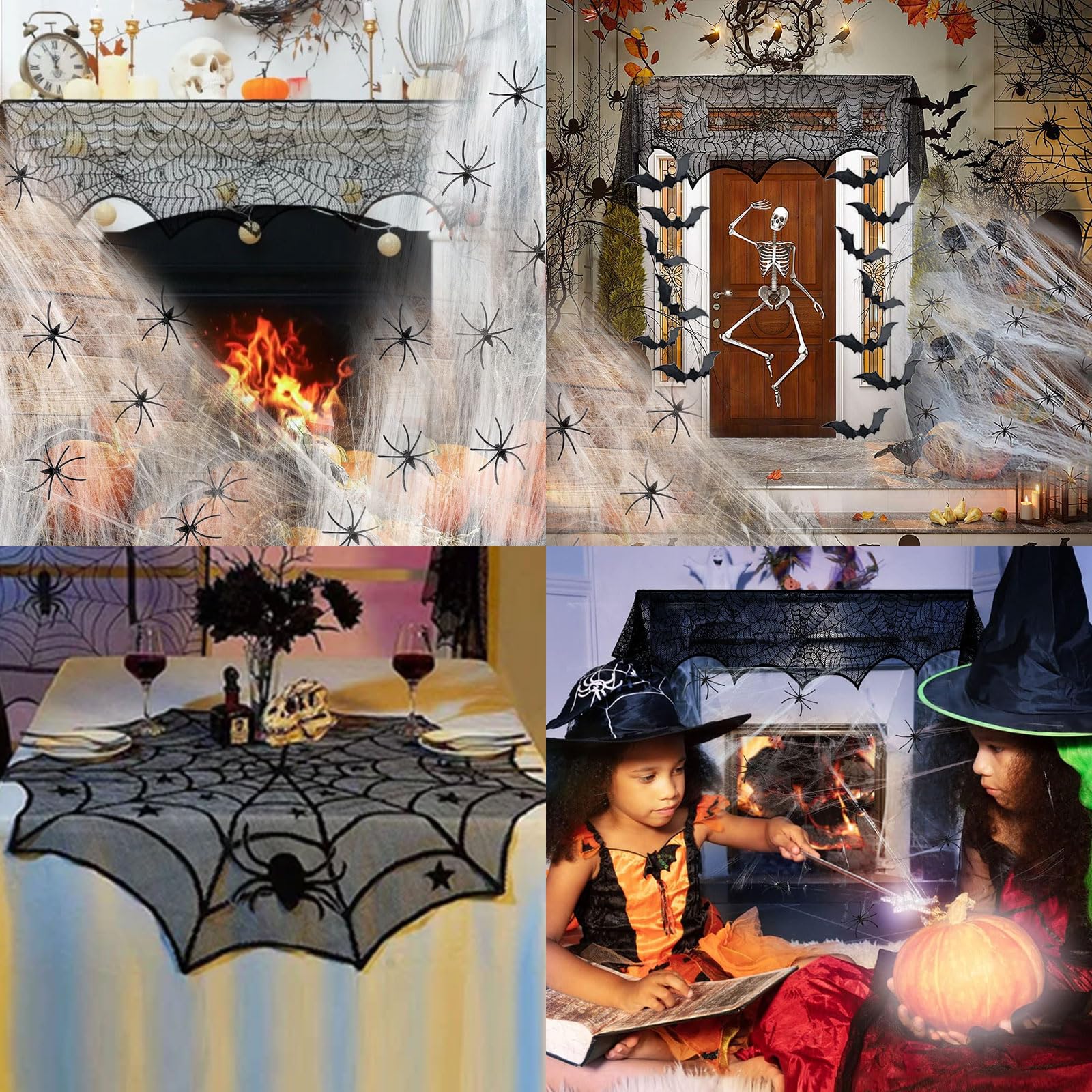 Sunnyglade Lot De 8 Nappes En Dentelle Toile D'araignée Pour Halloween, écharpe De Cheminée, Chemin De Table En Dentelle, Nappe De Table Ronde, Abat-jour Araignée Et Set De Table Rectangulaire Pour