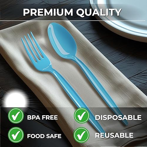 Vista 8 de Cucharas de plástico azul claro (paquete de 24) – Cucharas de color azul claro para fiestas, artículos de plástico duraderos, cucharas de plástico