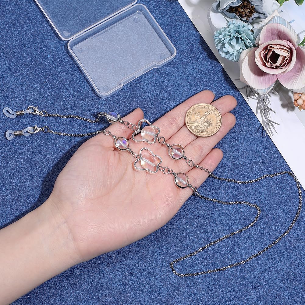 Moonstone Beaded Eyeglasses Chain Silver Eye Glasses Holders Around Neck Stylish Sunglass Holder Strap Decorative Necklace with Loop Ends for Women Men Reading Writing Outdoors