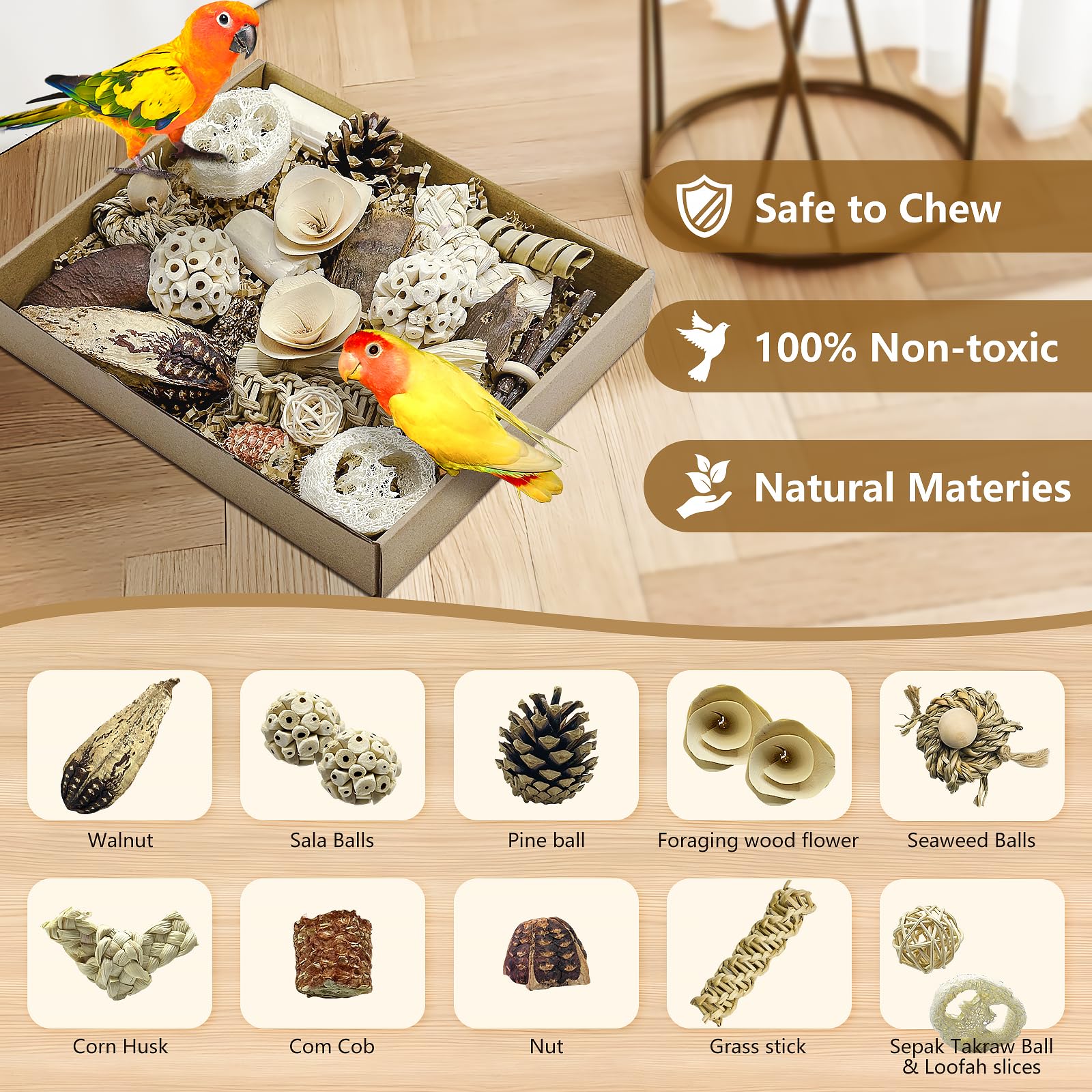 Juguete Natural para pájaros, Caja de Juguetes para triturar Loros, Juguetes para Masticar cacatúa, Periquito, Periquito, pájaros pequeños y medianos (Color Natural)
