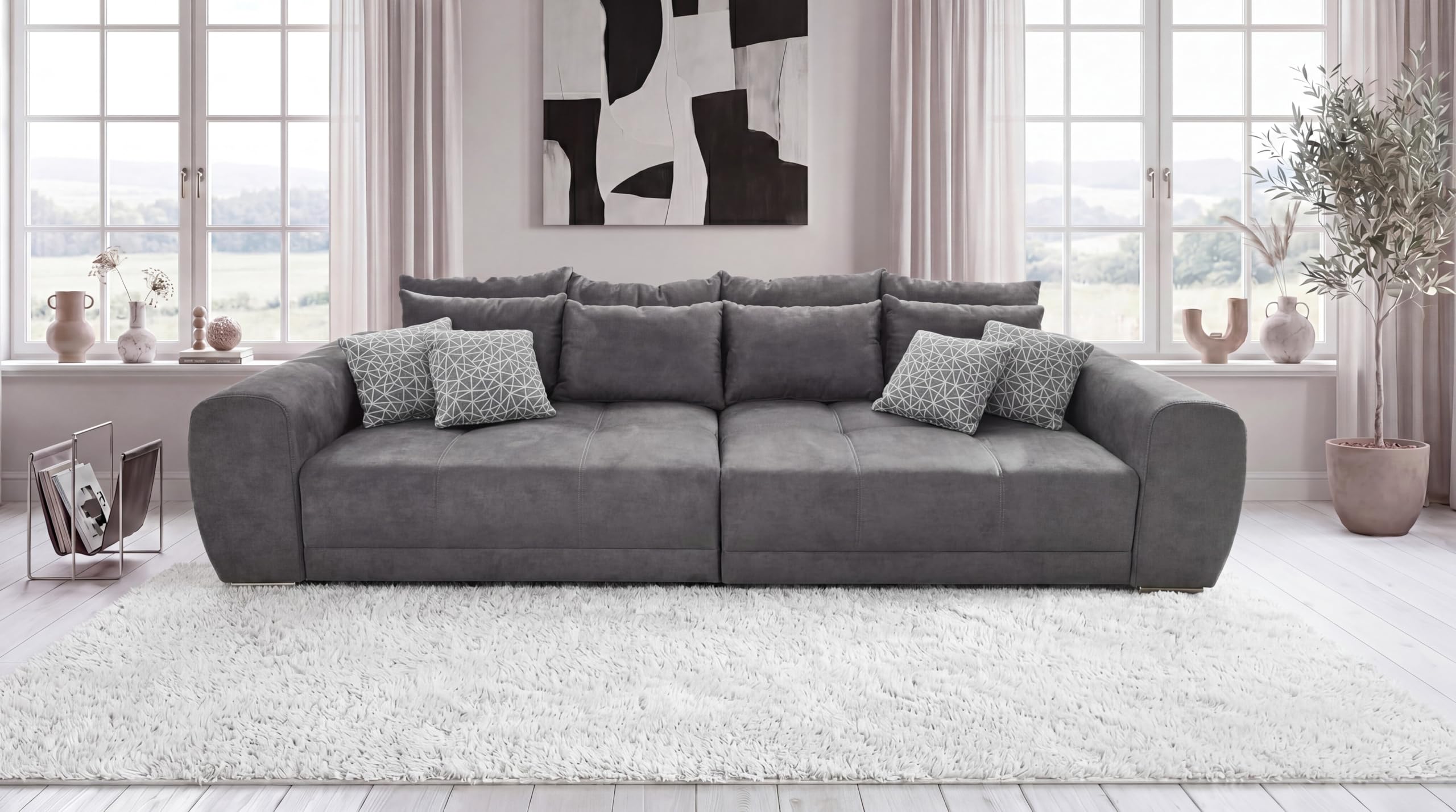 luma-Home 15114/ Big-Sofa XXL Lounge Couch, Mikrofaserstoff Grau | B306/T134/H86 cm, Federkernpolsterung, viele Kissen, Liegefläche 120x240 cm