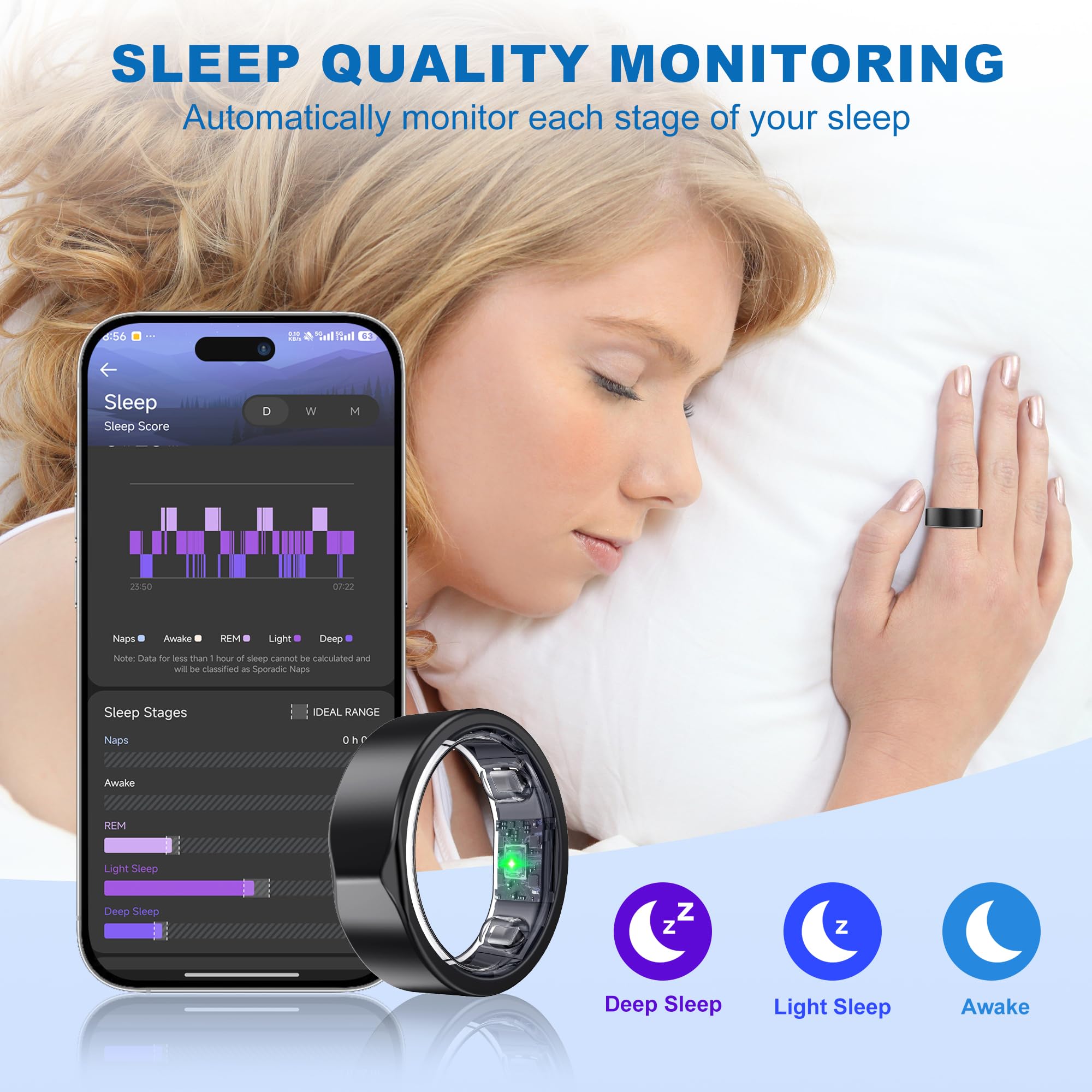 Anello intelligente per donne e uomini, in titanio, con monitoraggio della frequenza cardiaca, conteggio dei passi, calorie, monitoraggio del sonno e dello stress, per iPhone e Android, senza