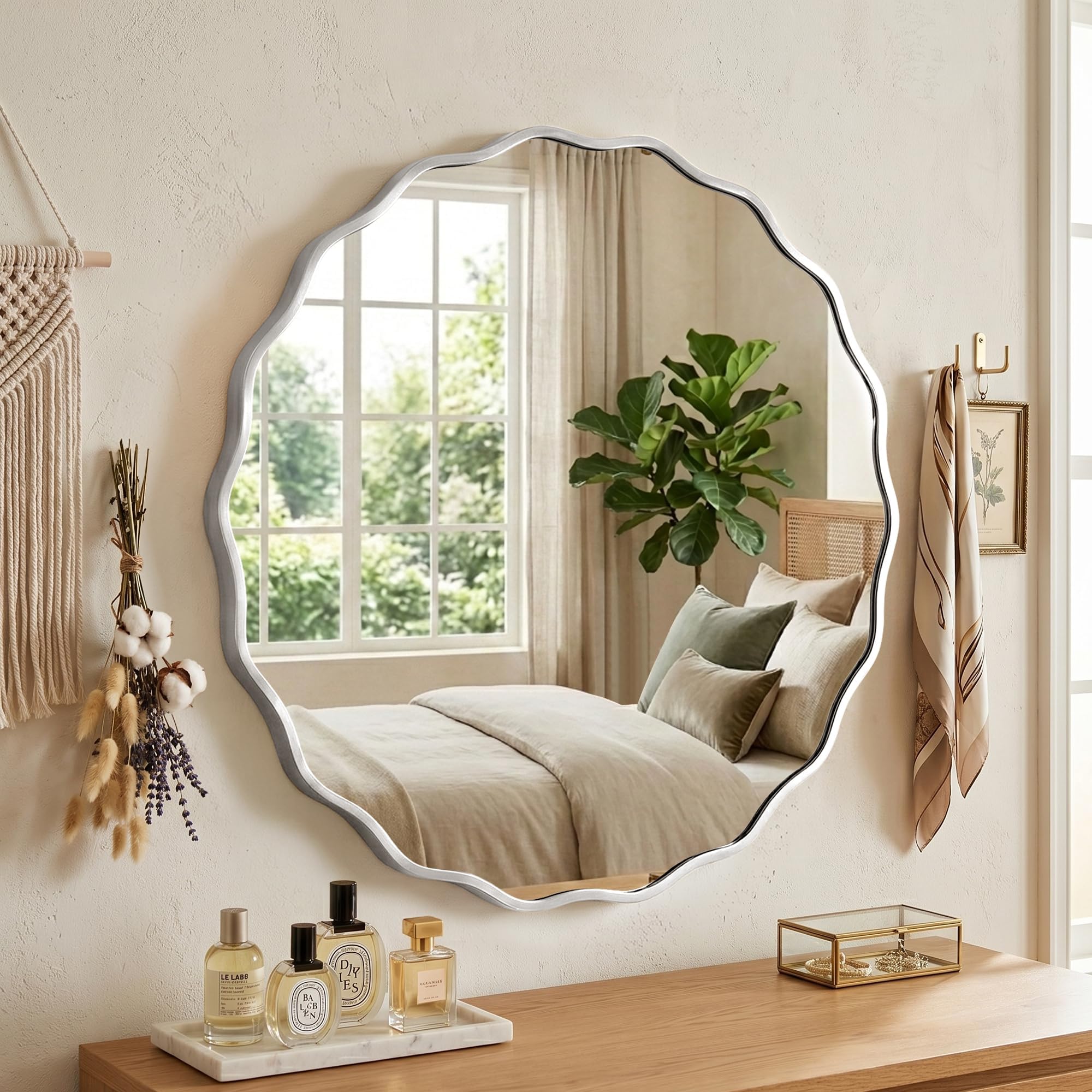 Specchio Da Parete Rotondo Ondulato con Cornice in Alluminio Spazzolato & Vetro Temperato Di Sicurezza per Bagno, Ingresso & Soggiorno