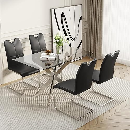 Miniatura 13 de Juego de mesa de comedor de vidrio de 51.18 pulgadas de ancho para 4, mesa de cocina rectangular moderna de vidrio con patas de metal dorado, 4 Mesa