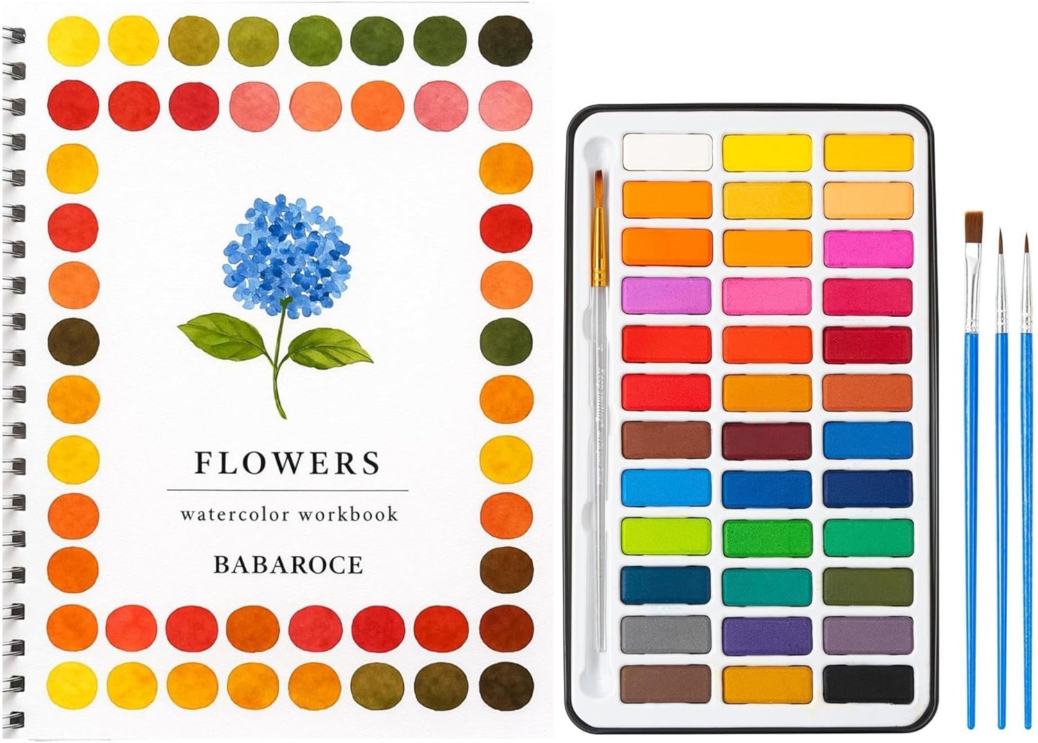 Spiral-Bound Watercolor Workbook with Guided Flower Illustrations – Beginner Painting Practice Book with Themed Sketch Pages, Includes 36 Color Watercolor Set & Brushes (Flowers)