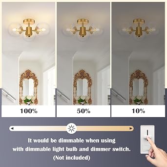 Bagood Mid Century 3-Light Clear Globe Glass Gold Chandelier 19 Inch Modern Brass Semi Flush Mount Ceiling Lights Modern Light Fixtures Ceiling Lights Fixture for Bedroom Living Room Hallway Entryway
