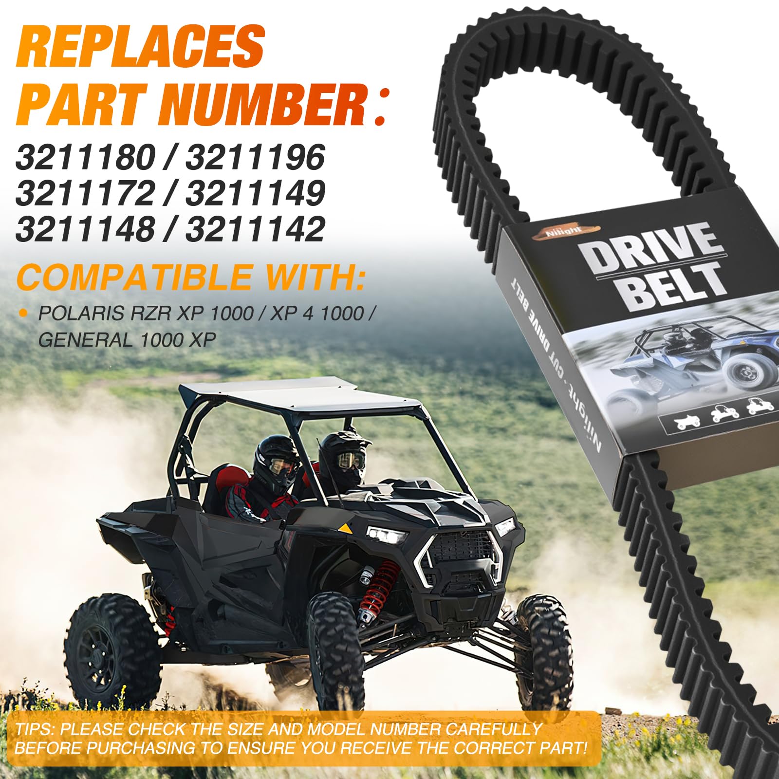 Nilight Courroie d'entraînement 3211196 Performance UTV compatible avec Polaris RZR XP 1000/XP 4 1000/General 1000 XP 2014-2023 Courroie robuste en aramide à 6 couches Remplace 3211196 3211172 3211142