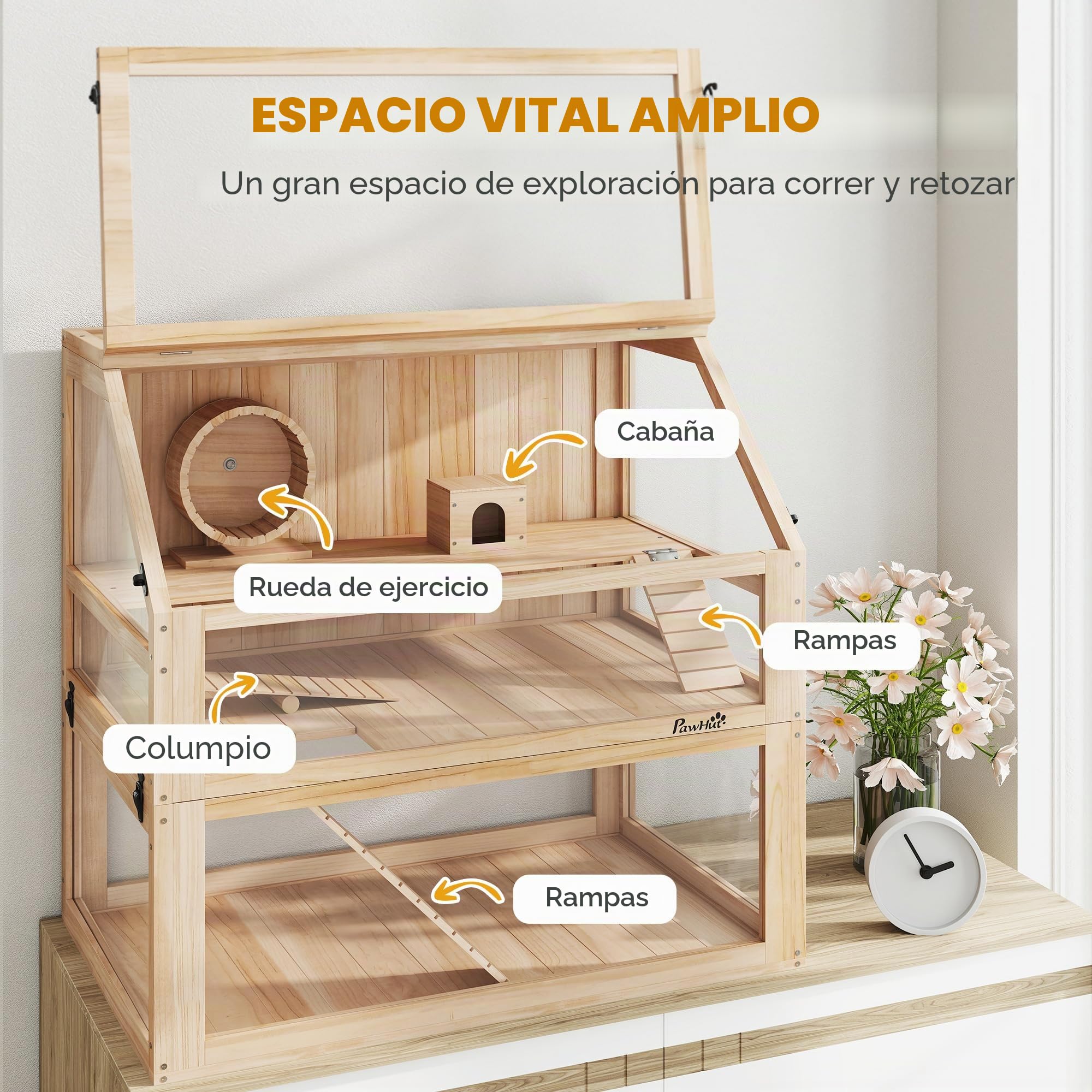 PawHut - Jaula para hámster de Madera, Jaula roedor de 3 Niveles, Base extraíble para una fácil Limpieza, Tapa Abierta, cabaña, Columpio, Rueda de Ejercicio y rampas, 80 x 50 x 76 cm, Madera Natural