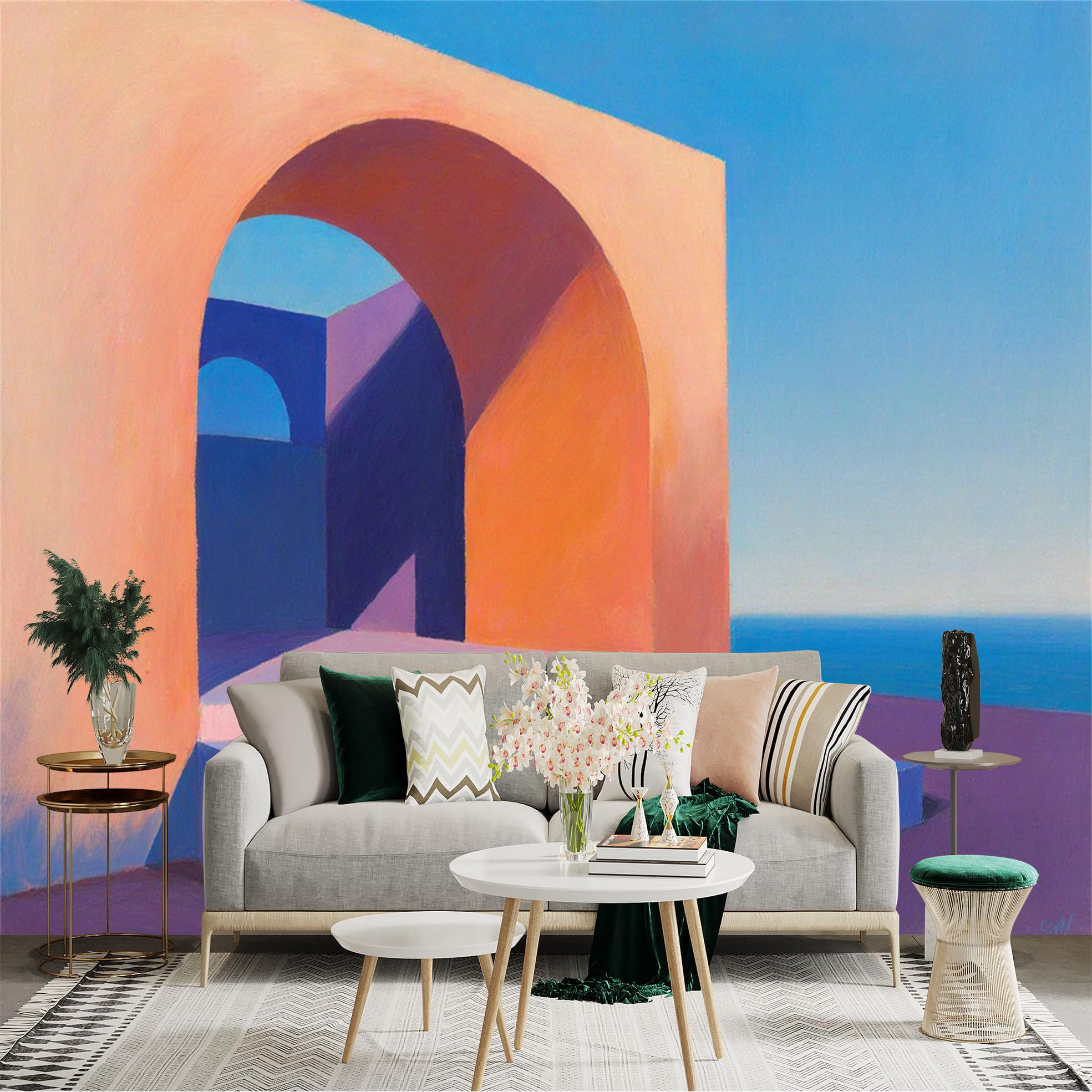 Custom Size Wall Sticker Mural， Abstract Geometric Architecture， Mediterranean Style Archway， Sunny Seascape Terrace， Minimalist Artistic View， for wall Decoration， peelandstick wall Decals.