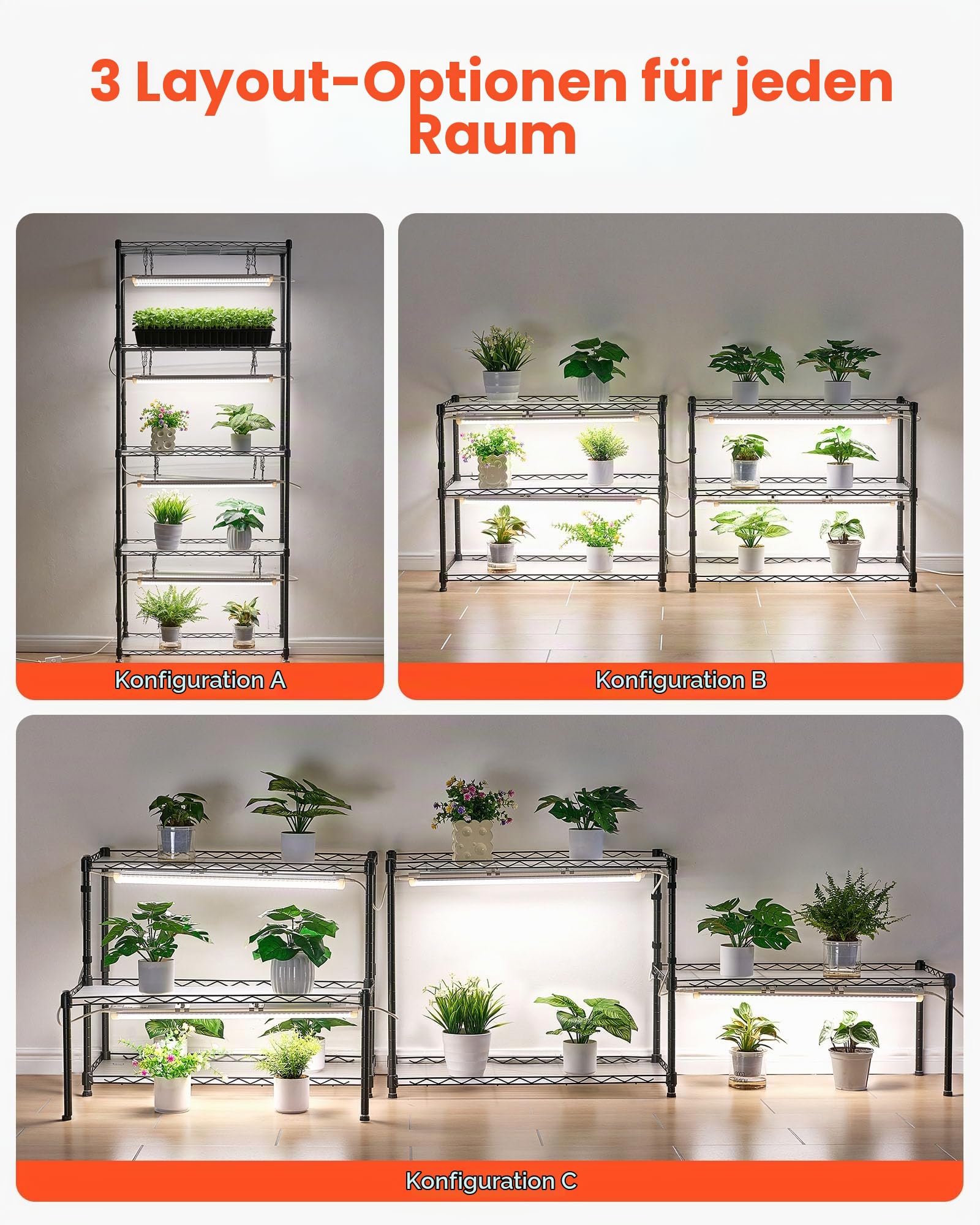 VEVOR DIY-Pflanzenregal mit Wachstumslichtern, Pflanzenständer mit Rädern, 192 W 5000 K Vollspektrum-Lichter, Pflanzenregal aus Metall, Blumenregal für Samenanzucht, 750x350x1800mm