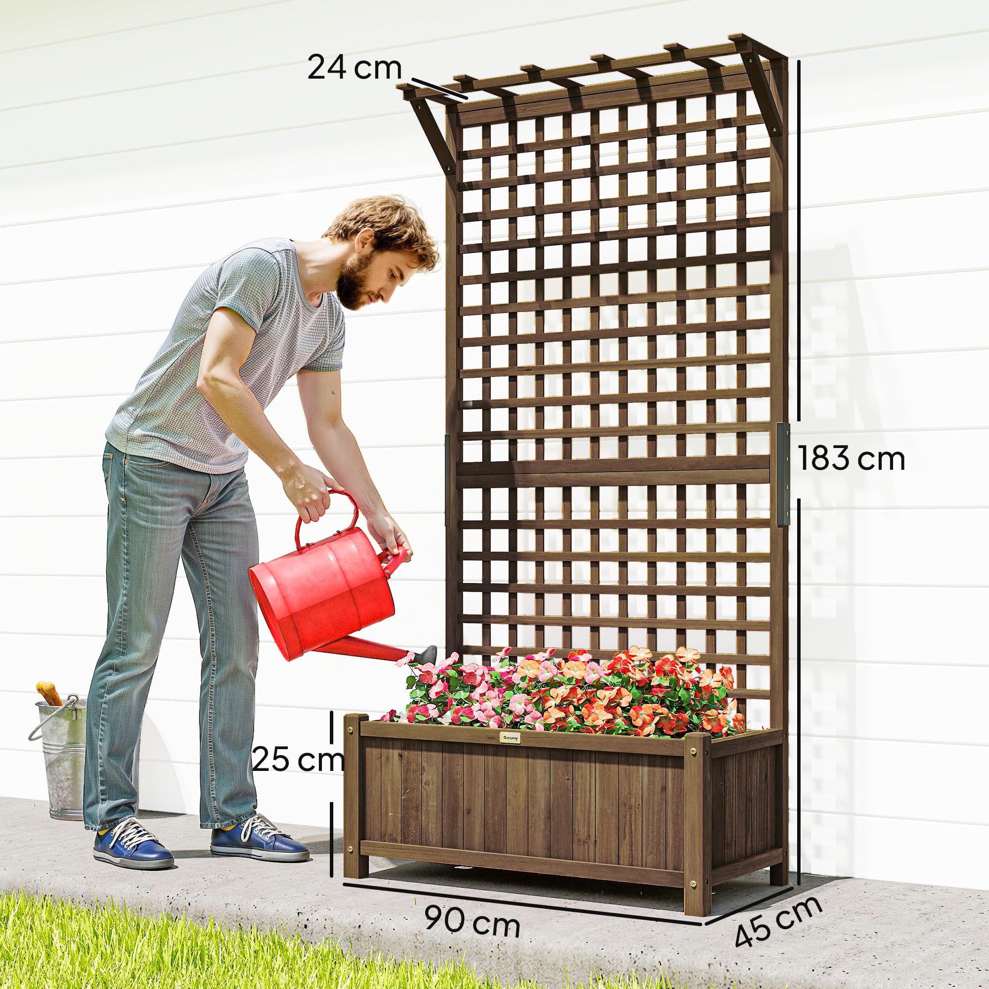 Outsunny Jardinera con Enrejado de Madera Macetero de Jardín con Soporte para Trepadora Cultivo de Plantas Flores Jardinera con Celosía para Exterior Patio Terraza 90x45x183 cm Marrón
