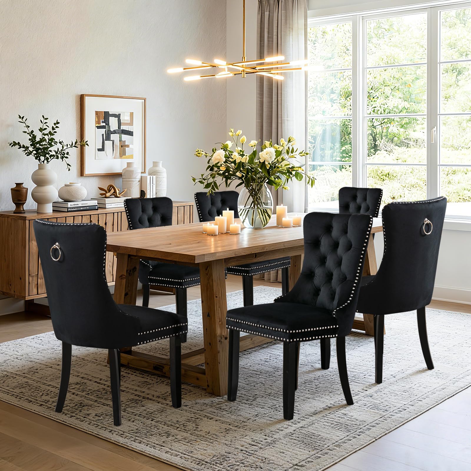 SoarFlash Ensemble de 6 Chaises de Salle à Manger en Velours, avec Dossier à Ailes tapissé, piquetage à Boutons, Garniture rivetée, Anneau décoratif de Dossier et Jambes en Bois, Noir