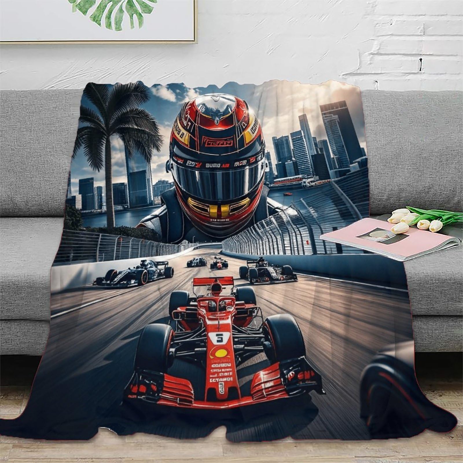 LILIlaobiao Flannel Fleece Super Racer Throw Blanket for Sofa, Soft Fluffy Velvet Sofa Blanket 40x50inch(100x130cm) with Decorative Formulaone Pattern for All Season, Warm & Lightweight