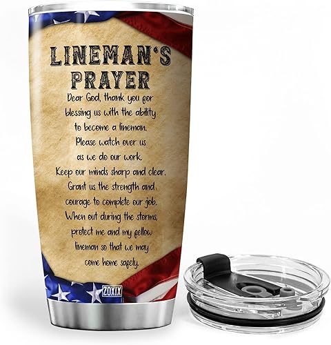 Miniatura 3 de ZOXIX Vaso personalizado con tapa de 20 onzas, regalo de oración de liniero, taza de café de acero inoxidable, cosas geniales para técnicos de línea